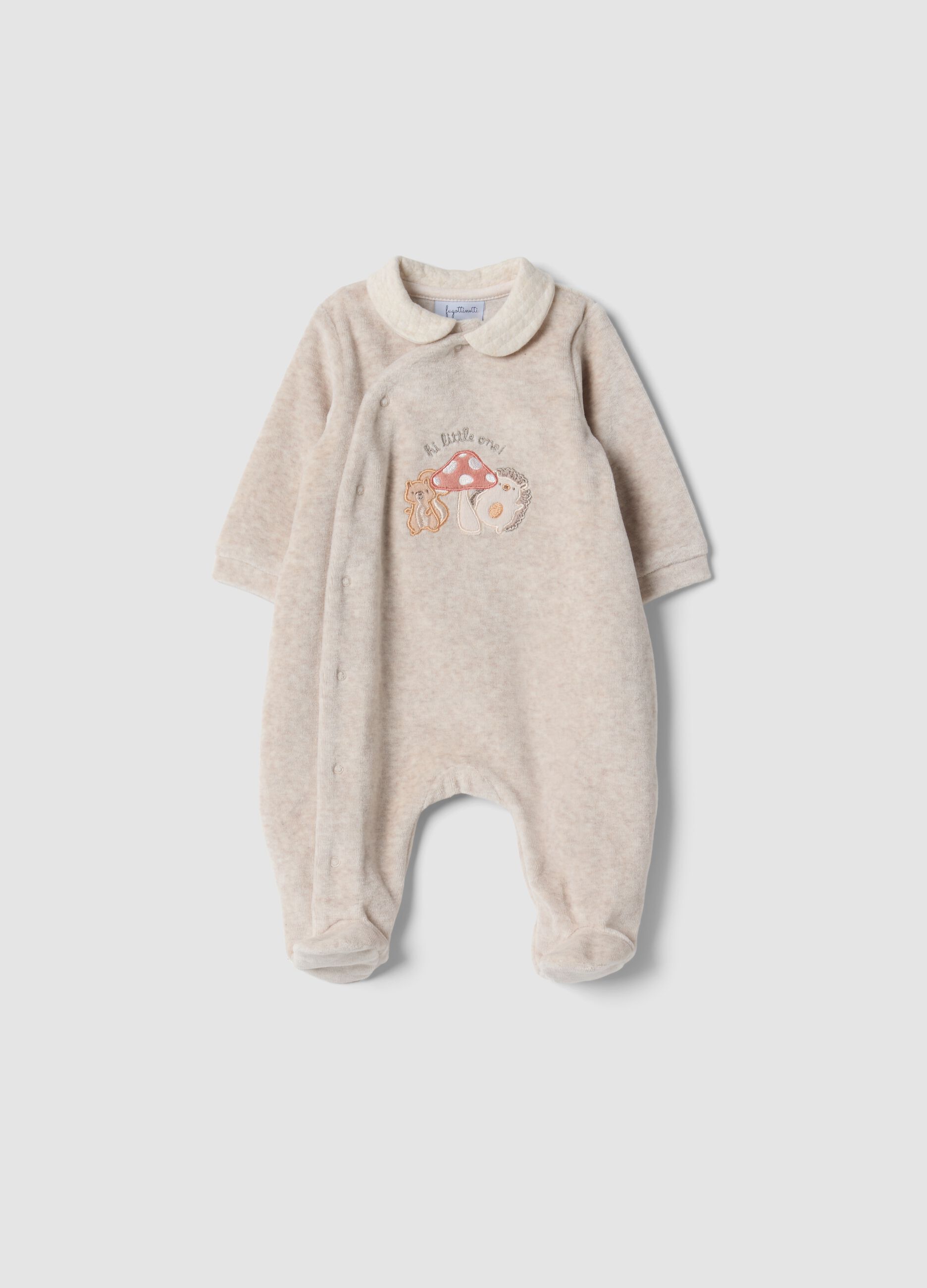 Brown organic cotton-blend sleepsuit with woodland animal embroidery