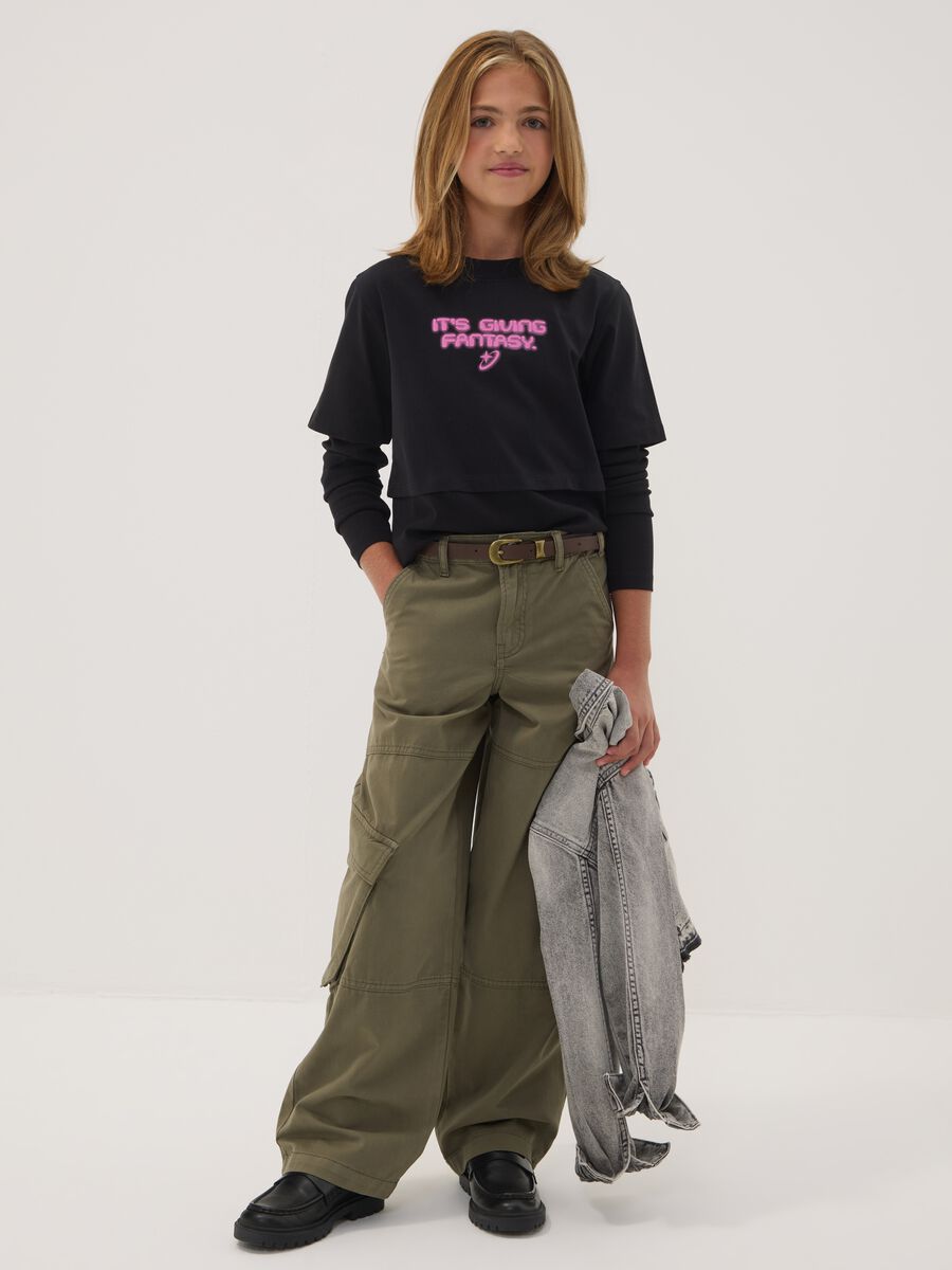 Girls&rsquo; green pure cotton straight-fit cargo trousers_0