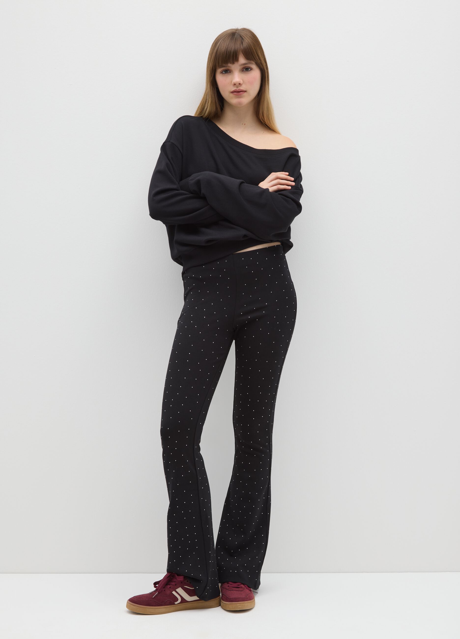 Black Stretch Cotton Flare Trousers
