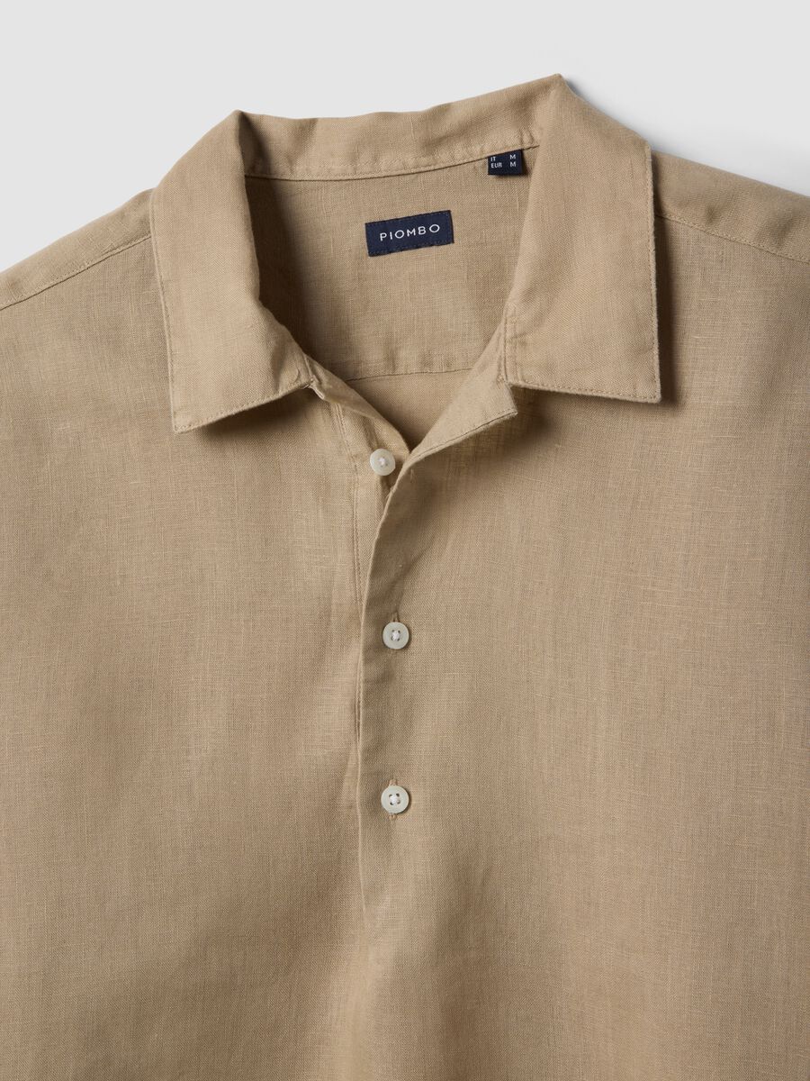 Beige pure linen regular fit shirt with bowling collar_5