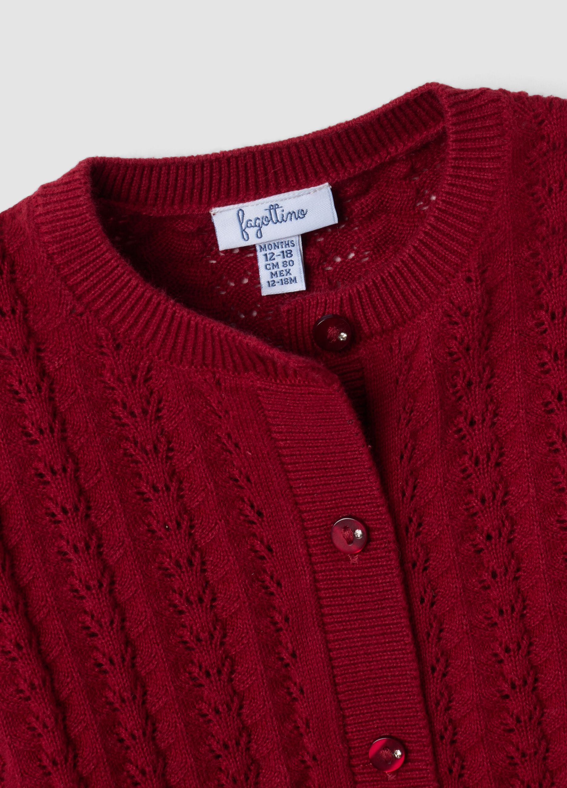 Red pure cotton openwork knit cardigan for baby girl