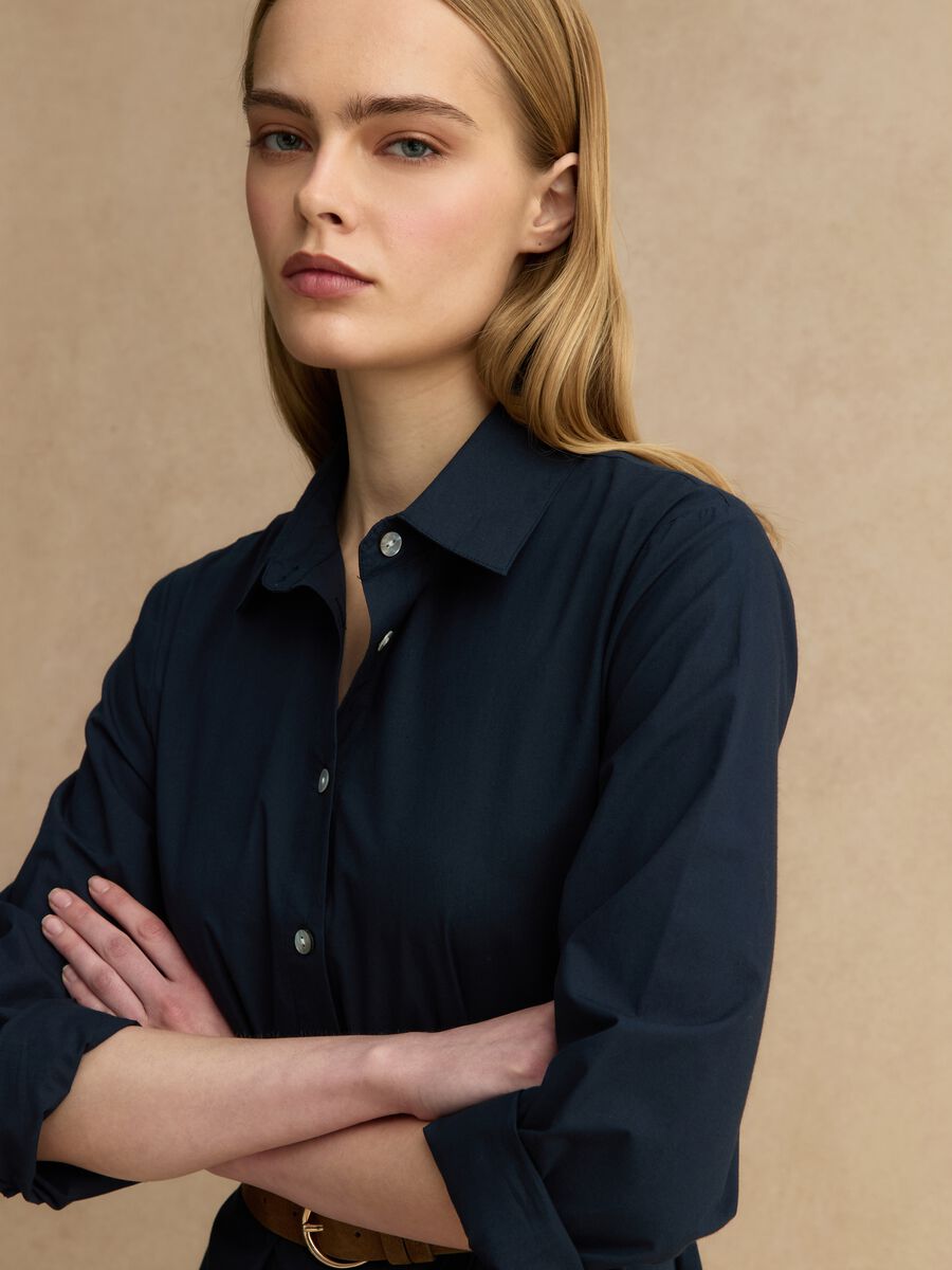 Long blue dress in pure cotton with regular fit and embroidery_1