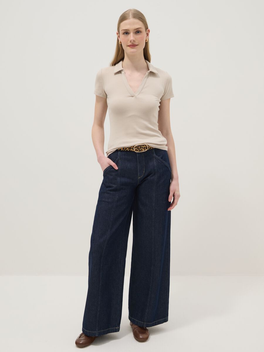 Beige Stretch Cotton Polo Regular Fit Deep V_2