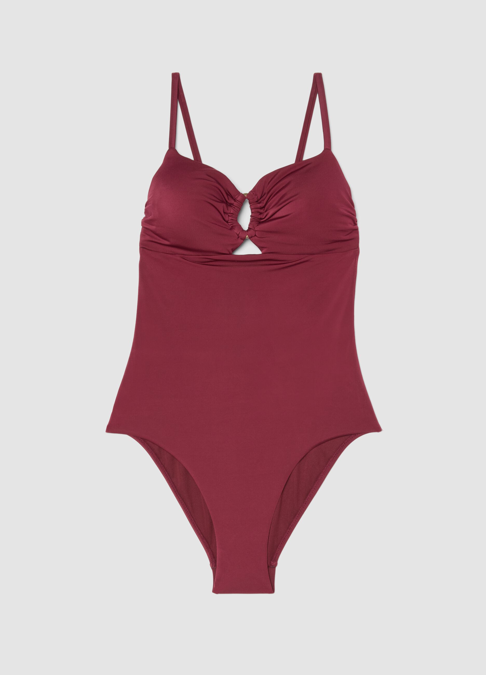 Roter, elastischer Badeanzug (One-Piece) mit Tr&auml;gern