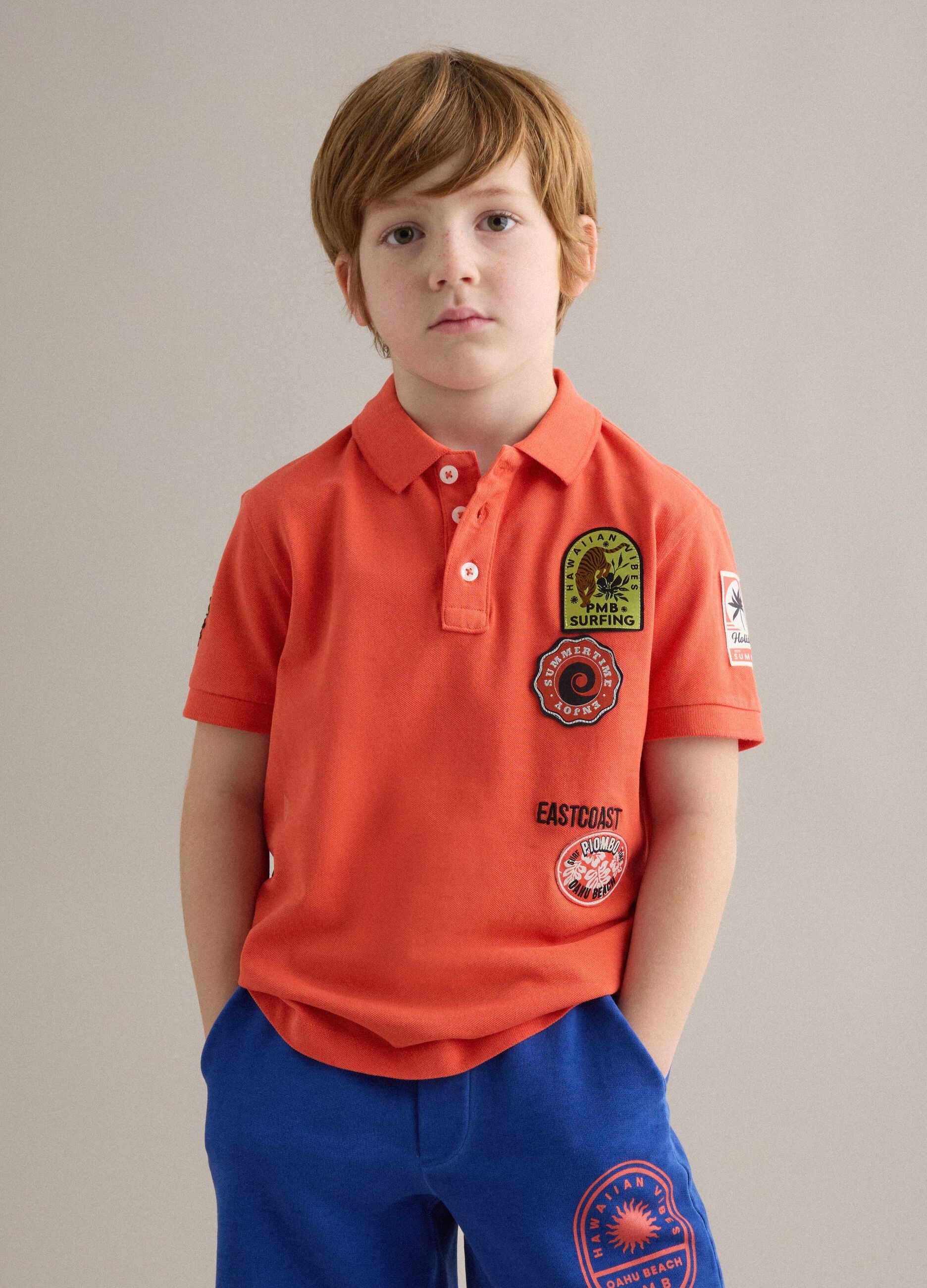 Orange pure cotton boys&rsquo; polo shirt, regular fit with patches