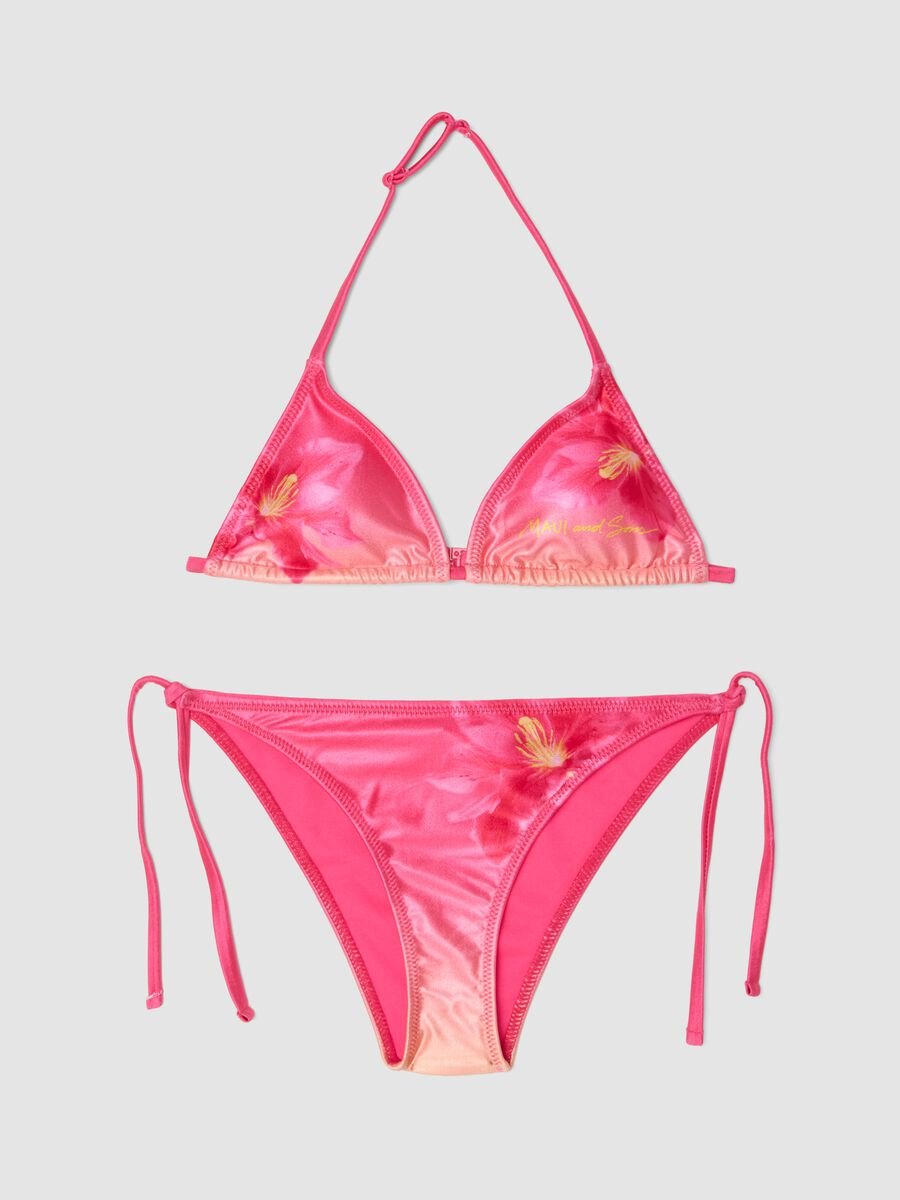 Girls&rsquo; pink floral triangle bikini in stretchy fabric_0