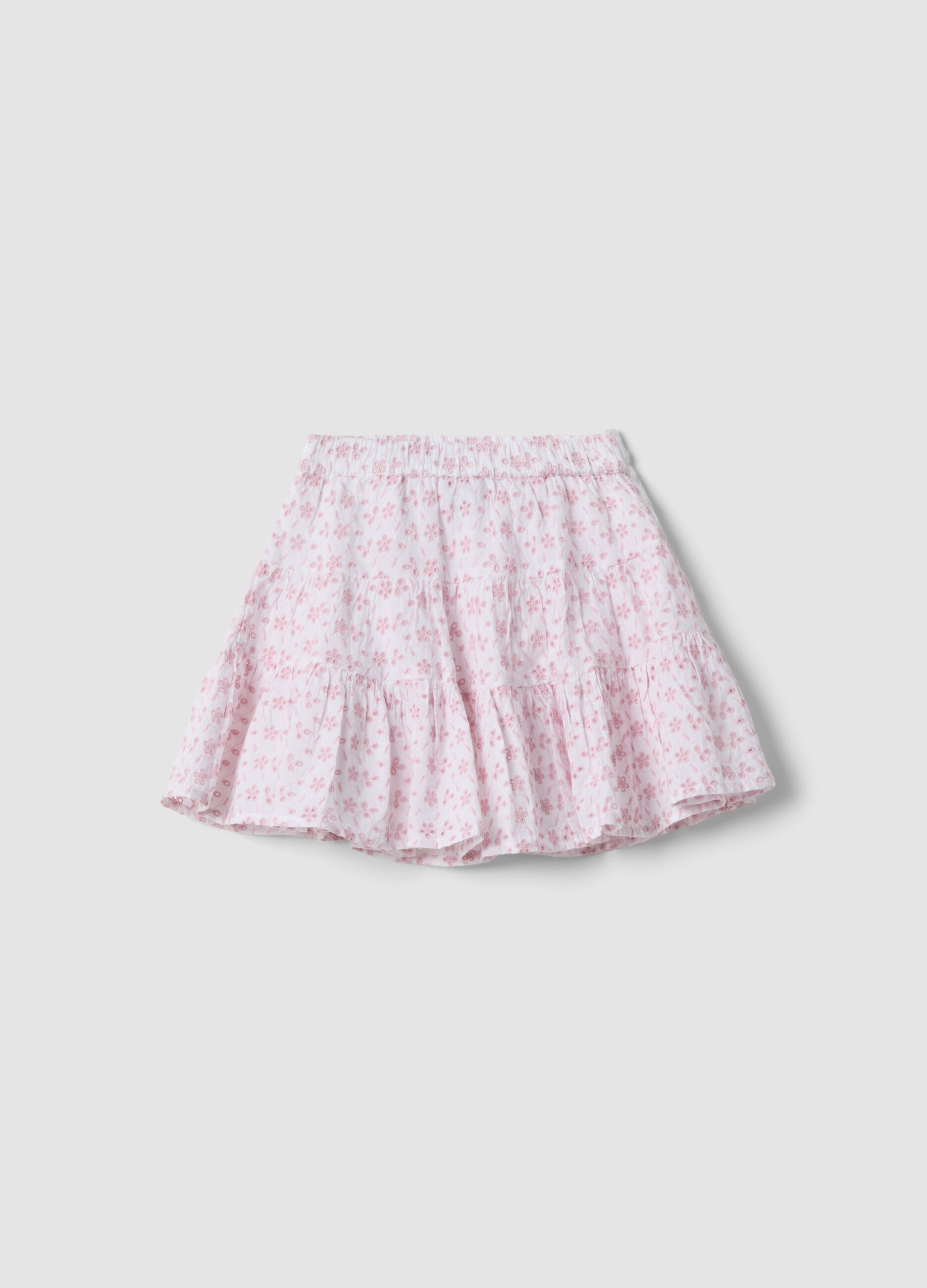 Falda mini rosa de algod&oacute;n puro con bordado sangallo