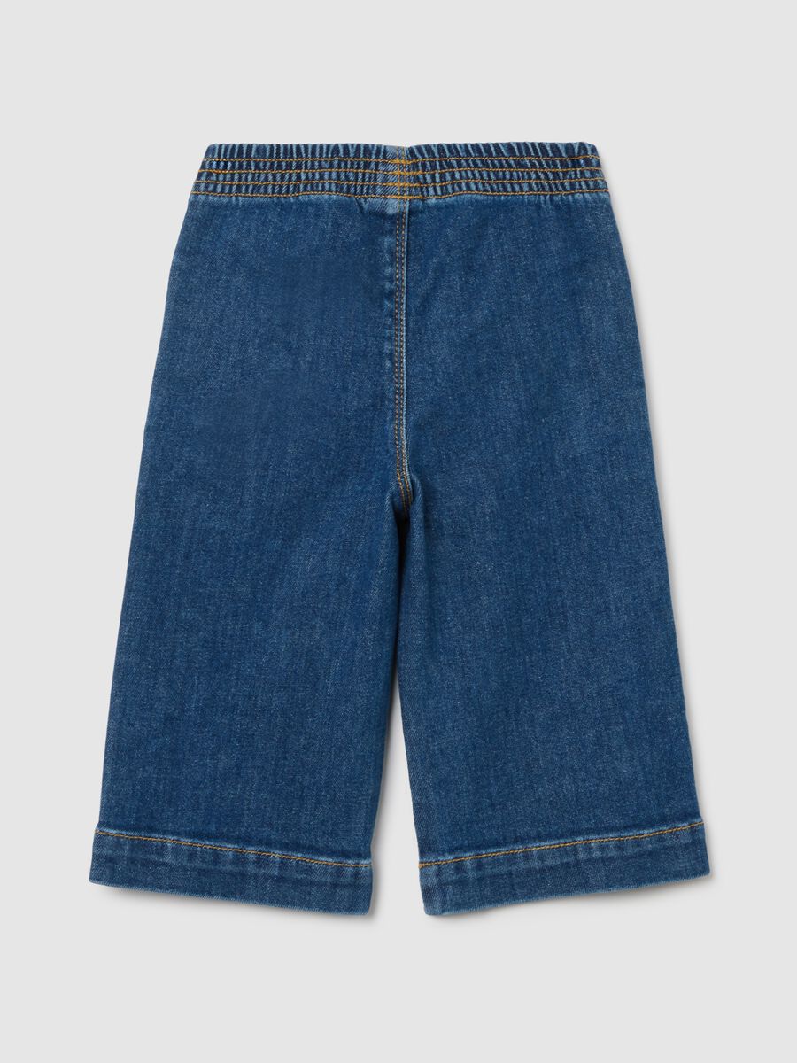 Blue denim wide leg trousers with embroidery for girls_1