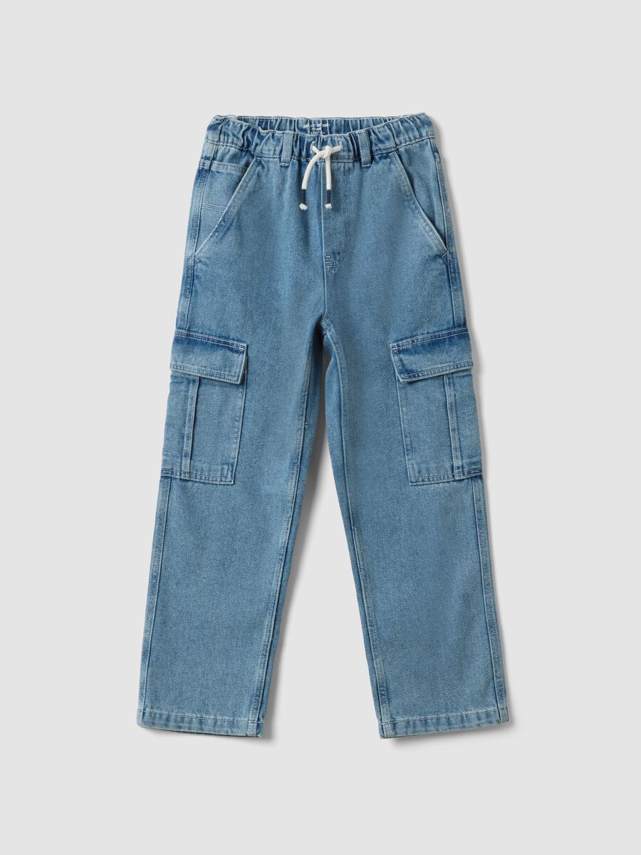 Jeans cargo de ganga azul-claro em mistura de algod&atilde;o e viscose, corte straight_0