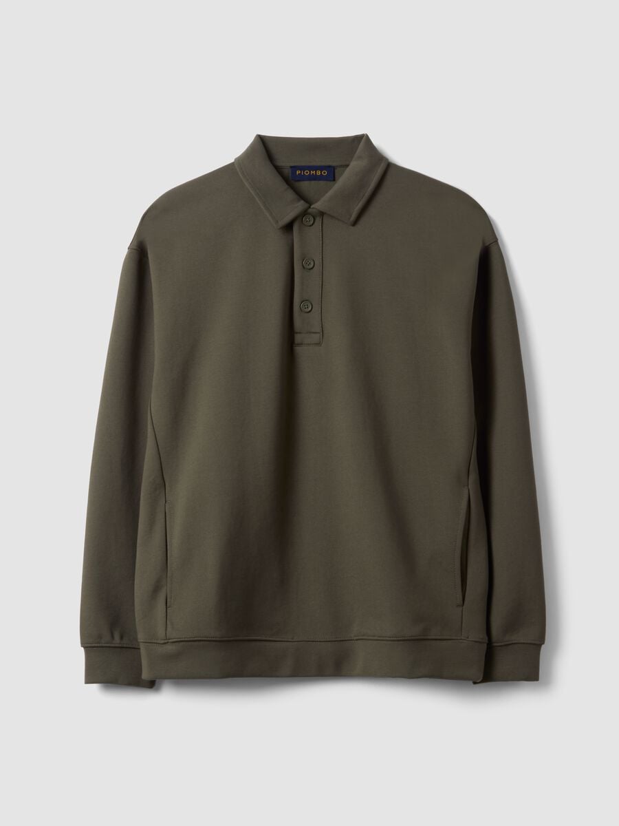 Sweatshirt verde em tecido el&aacute;stico com gola polo, corte relaxed_0