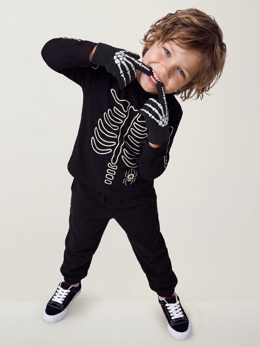Black stretch-fabric gloves with skeleton print_0