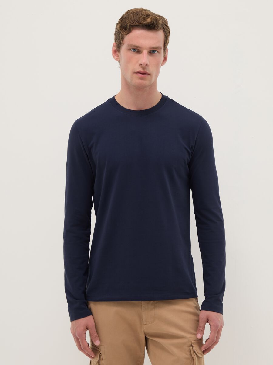 Long sleeve blue t-shirt in stretch cotton regular fit_0