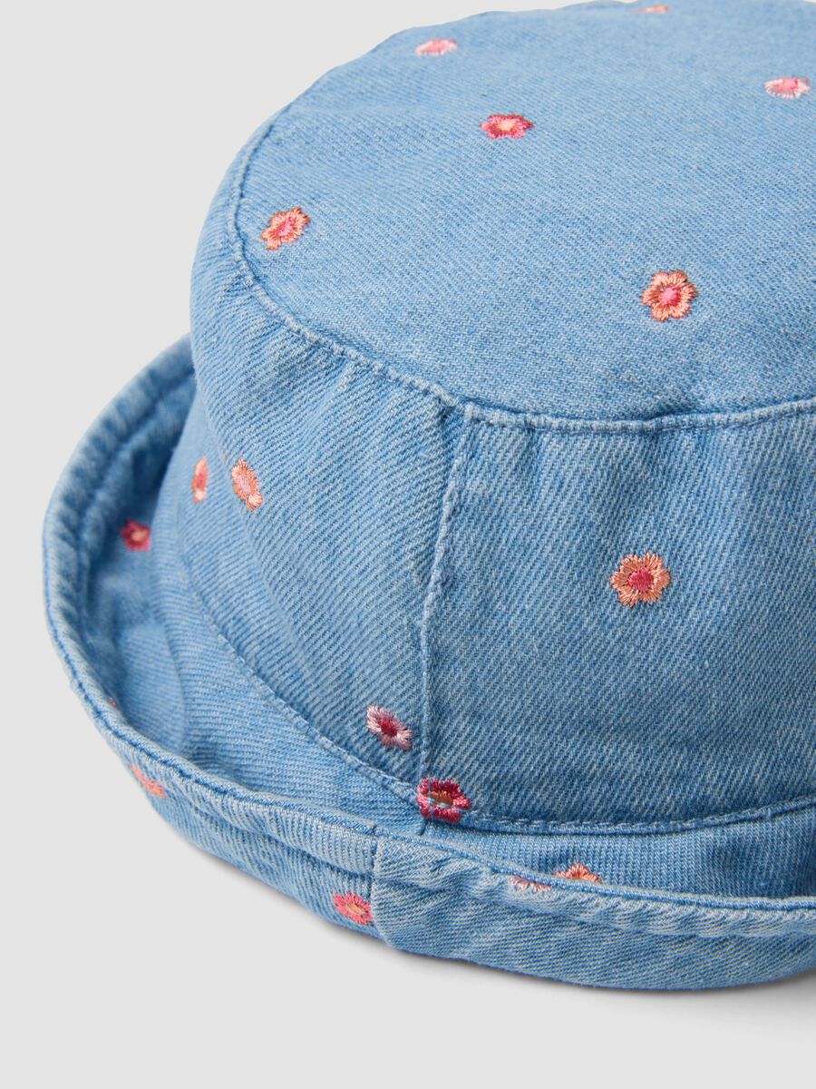 Blue denim pure cotton hat for girls with floral embroidery_1