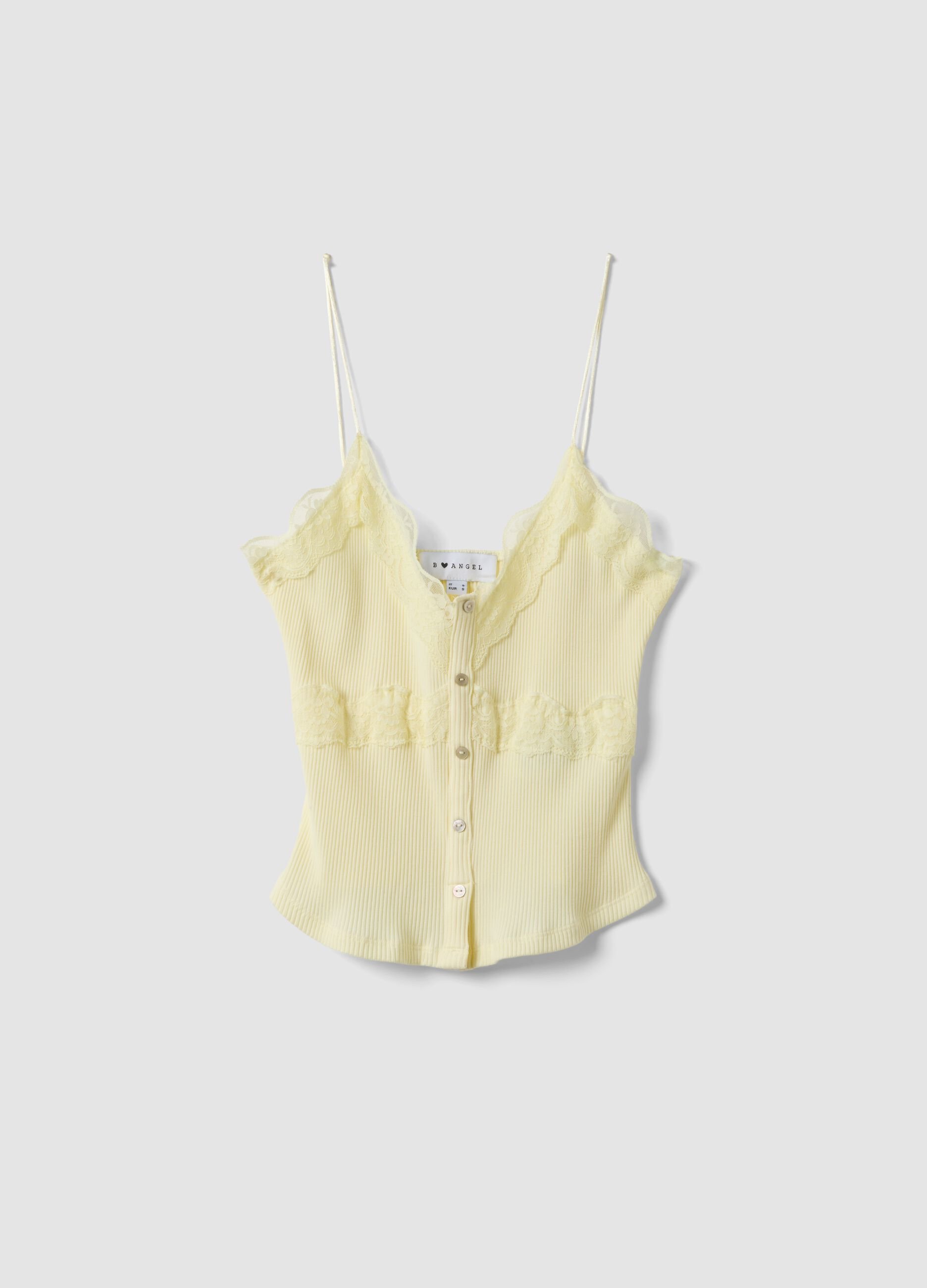 Yellow stretch cotton fitted lace top