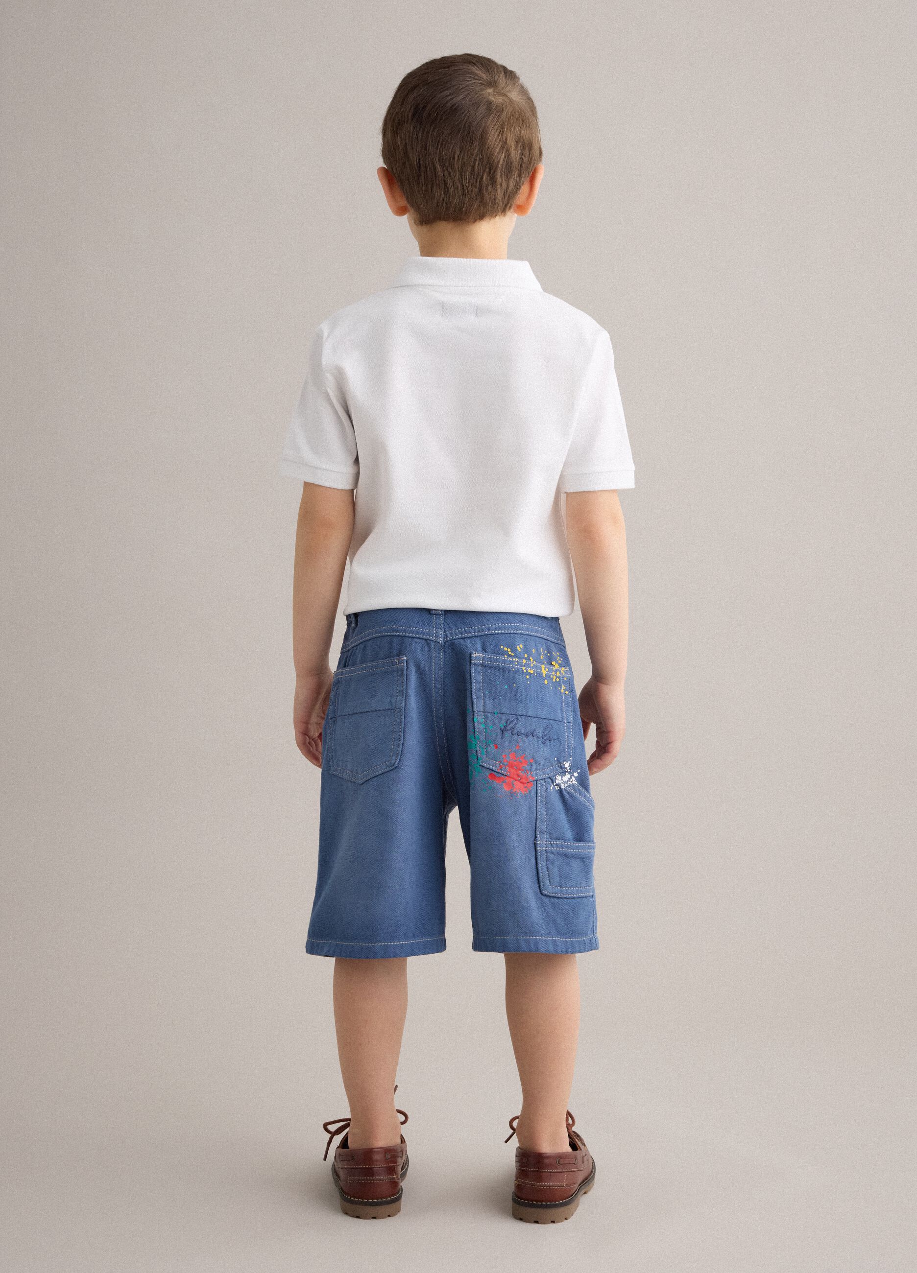 Blue denim cargo shorts in pure cotton for boys, baggy fit