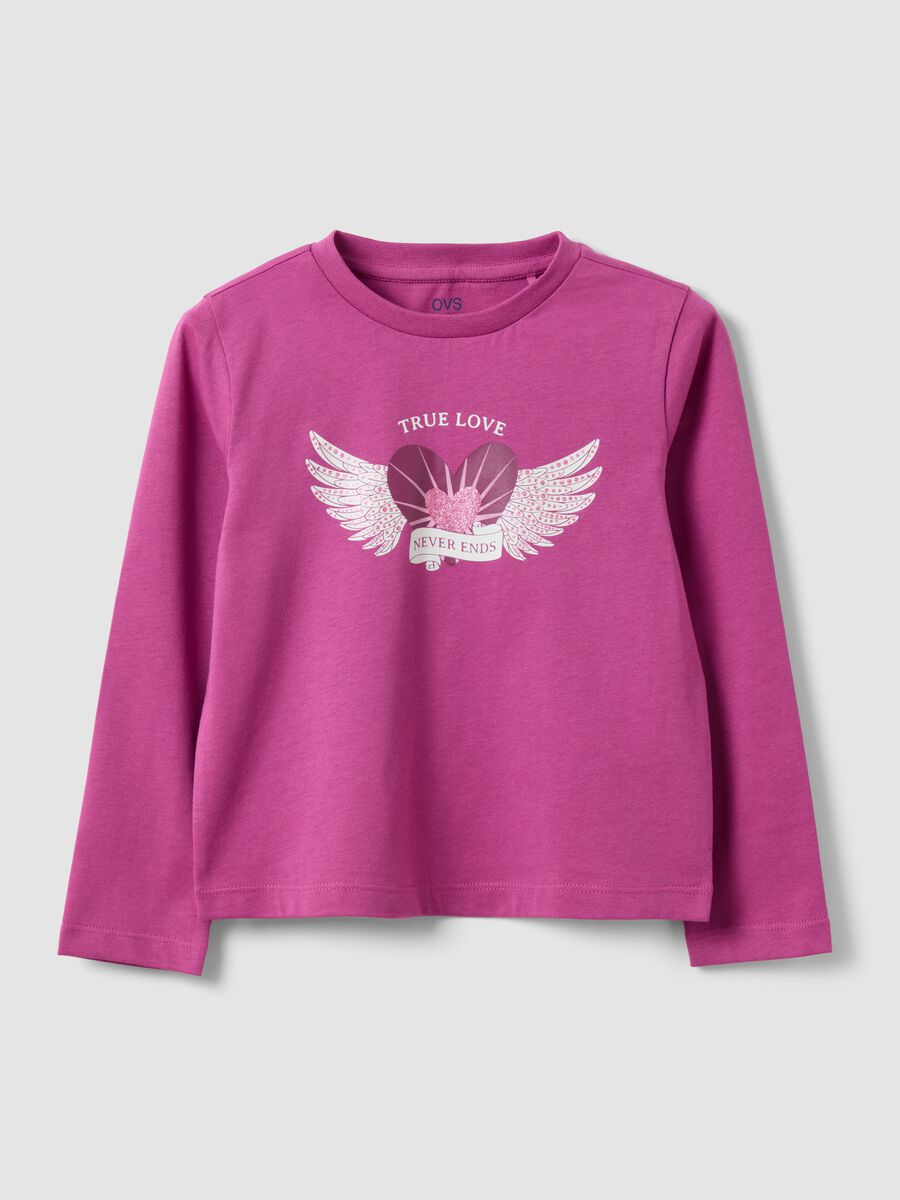 Purple pure organic cotton T-shirt with heart and wings print for girls_0