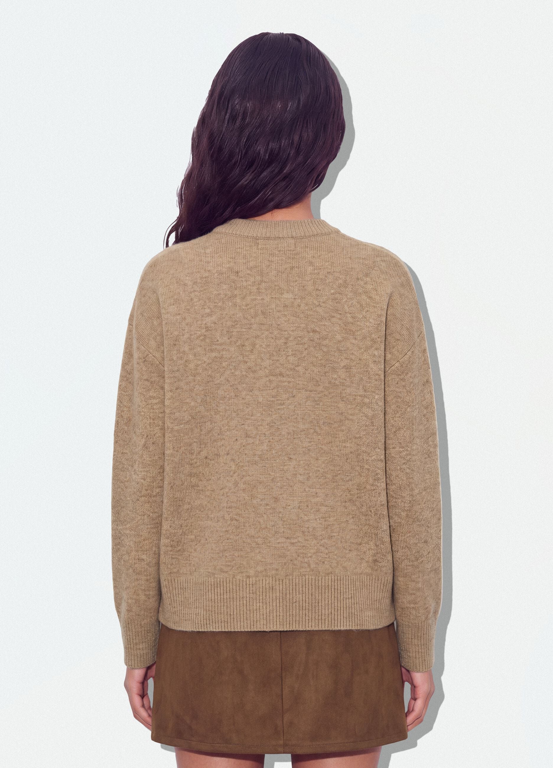Beige stretch wool crew-neck jumper, oversized fit