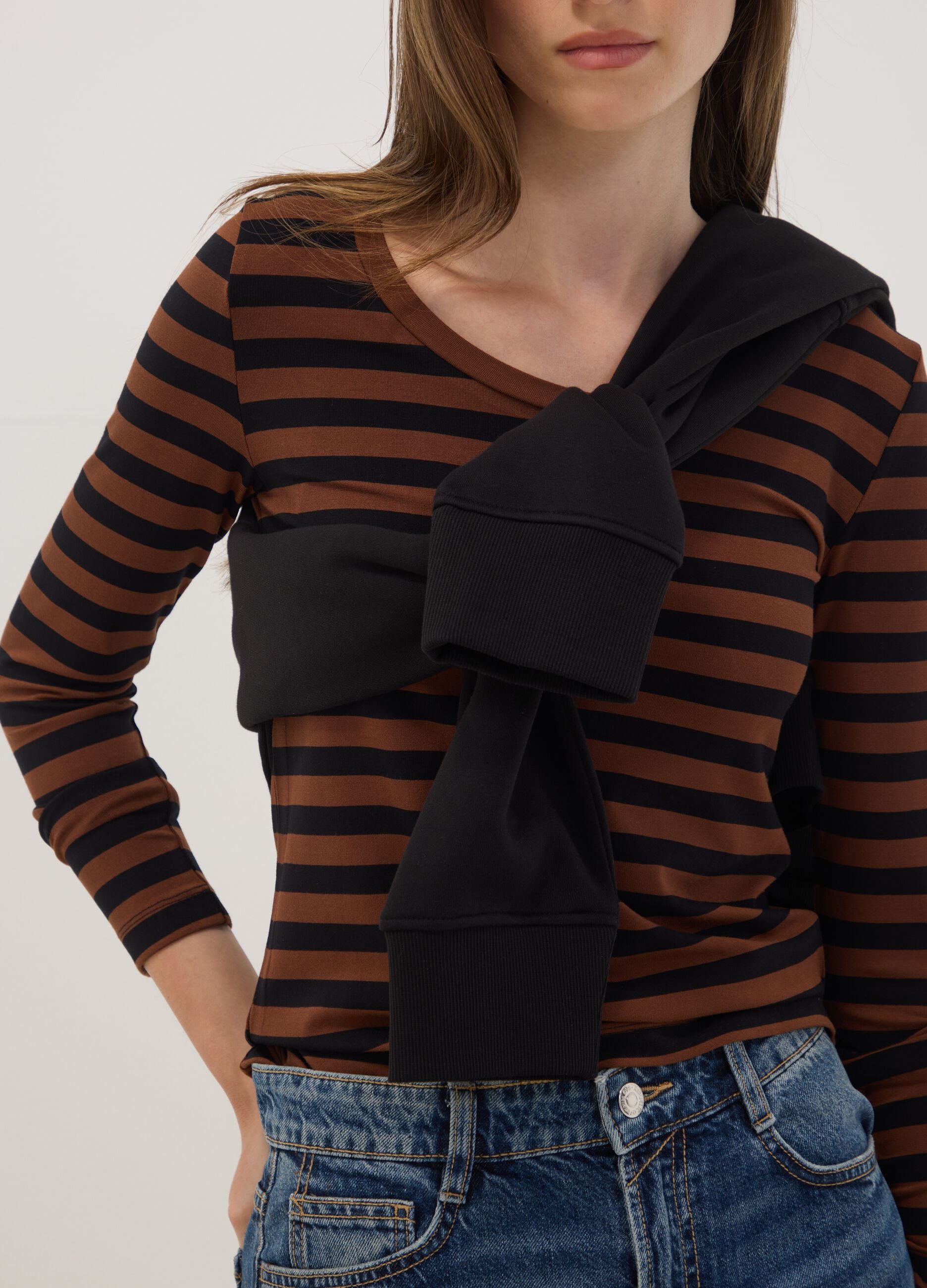 Brown slim-fit striped stretch viscose crew-neck T-shirt