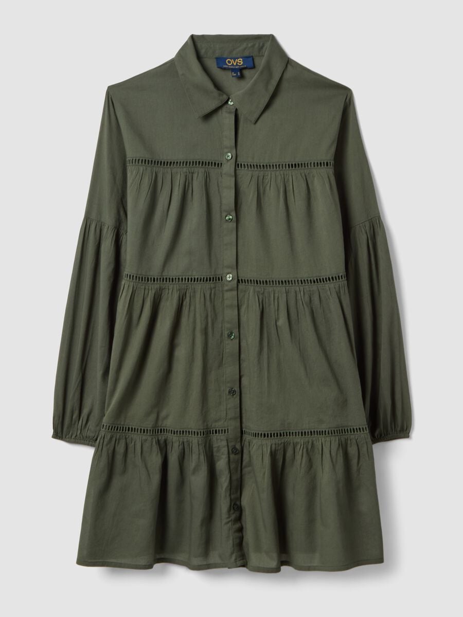 Green pure organic cotton kaftan with ruffles and broderie inserts_4