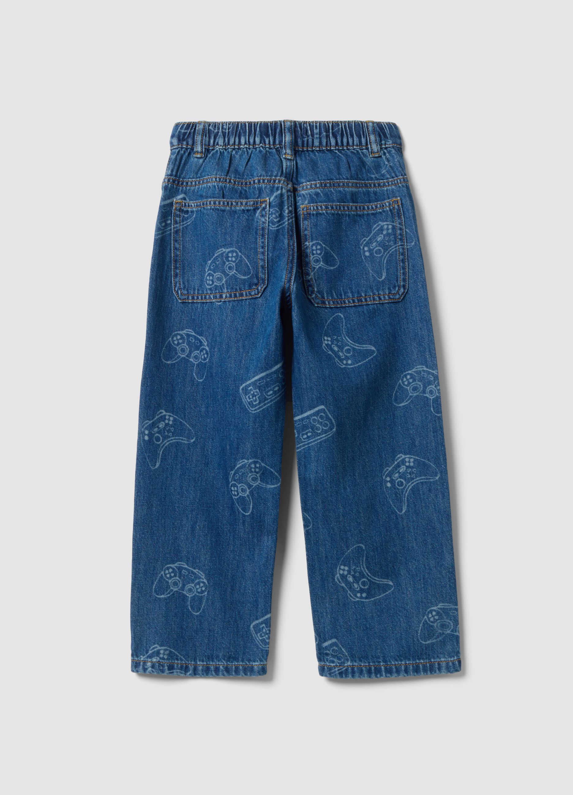 Cotton-viscose blend denim jeans with gaming print