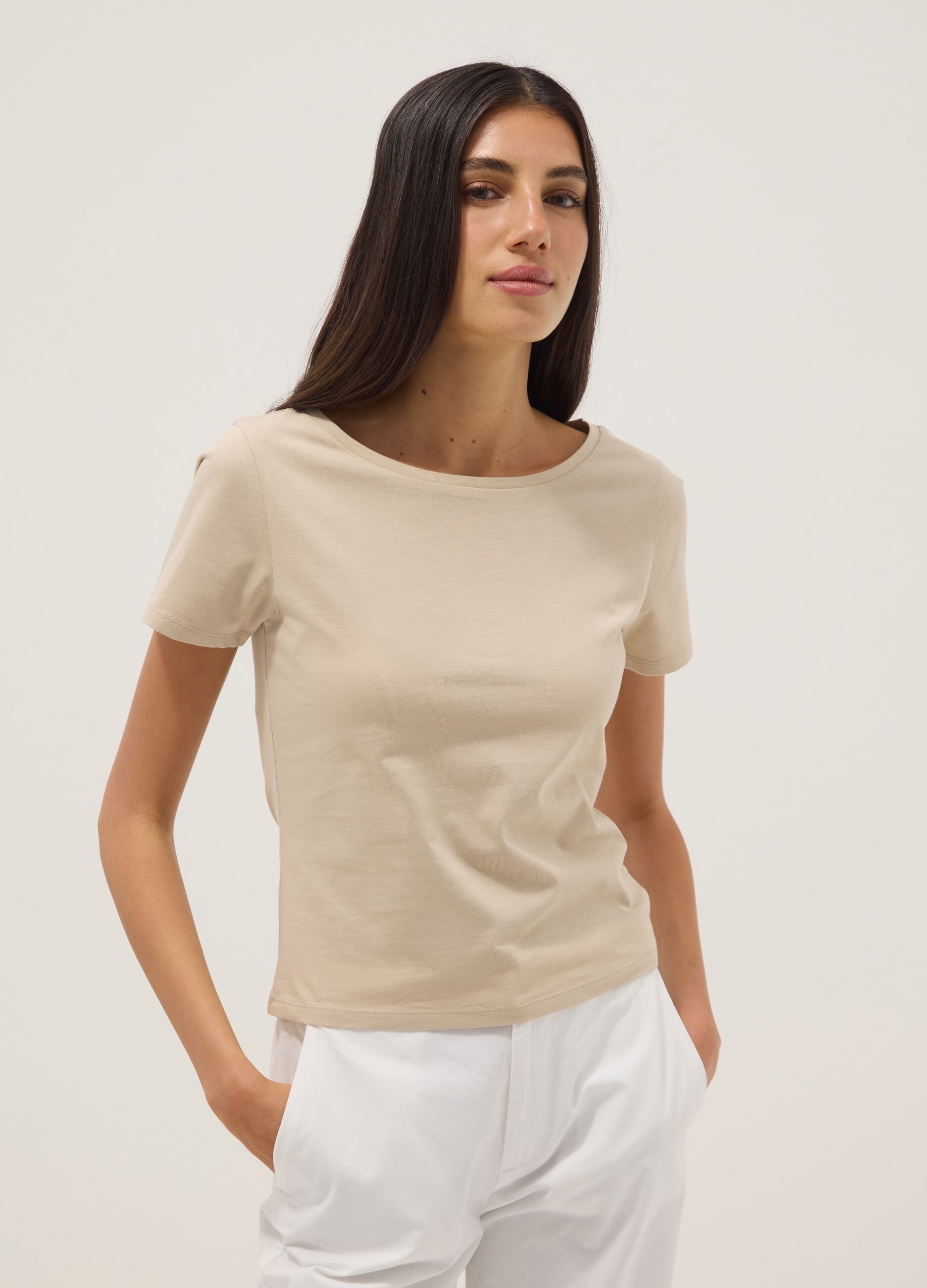 Beige short-sleeved pure cotton T-shirt
