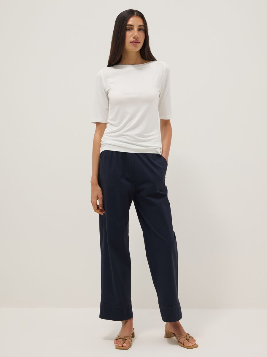 White stretch viscose regular fit boat neck t-shirt_1