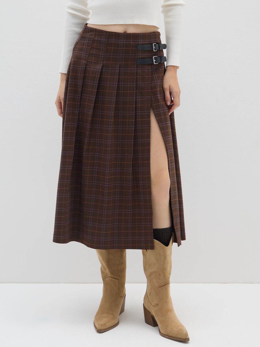 Brown Checked Long Skirt with Buckles_1