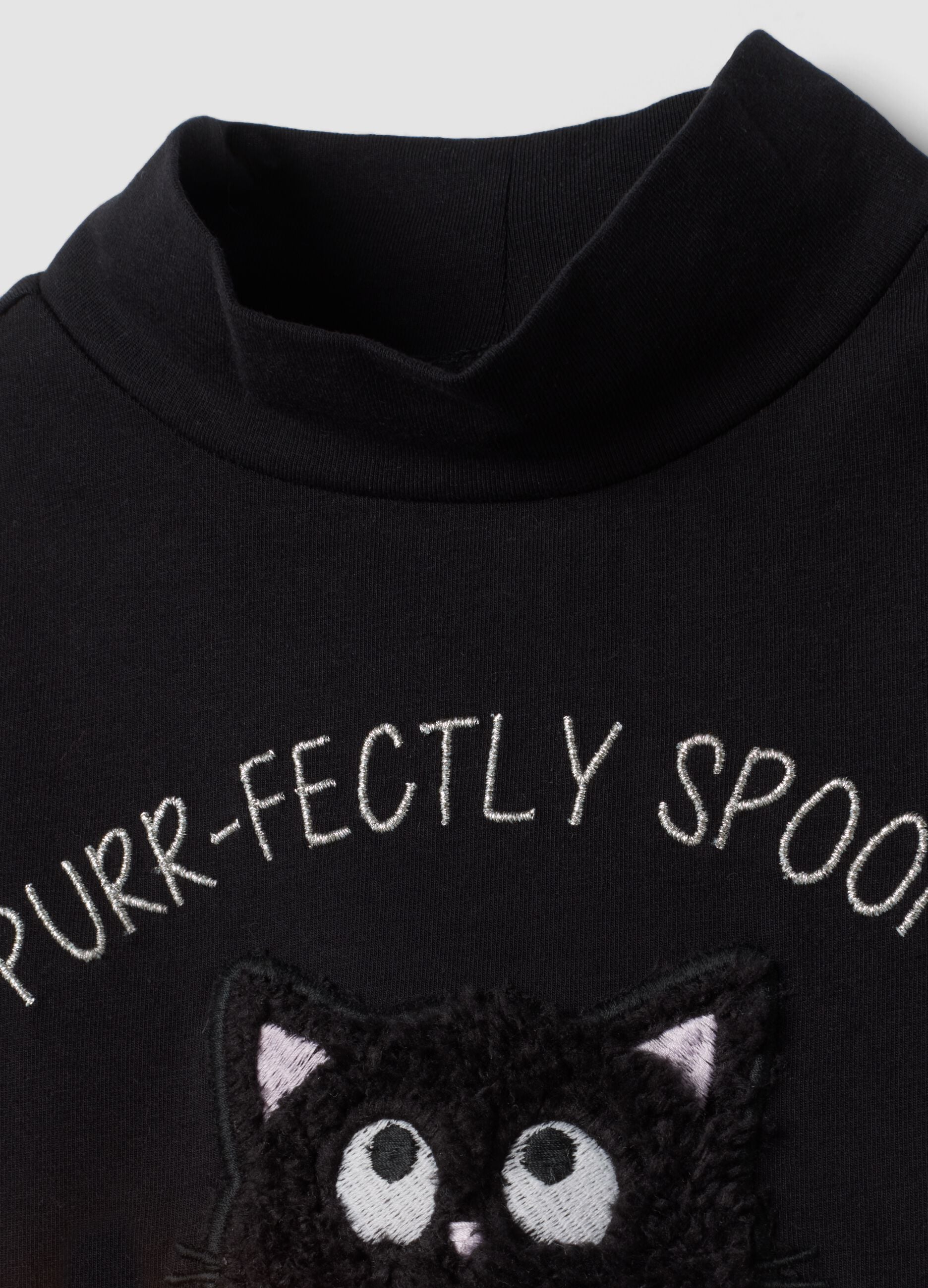 Black stretch cotton T-shirt with high neck