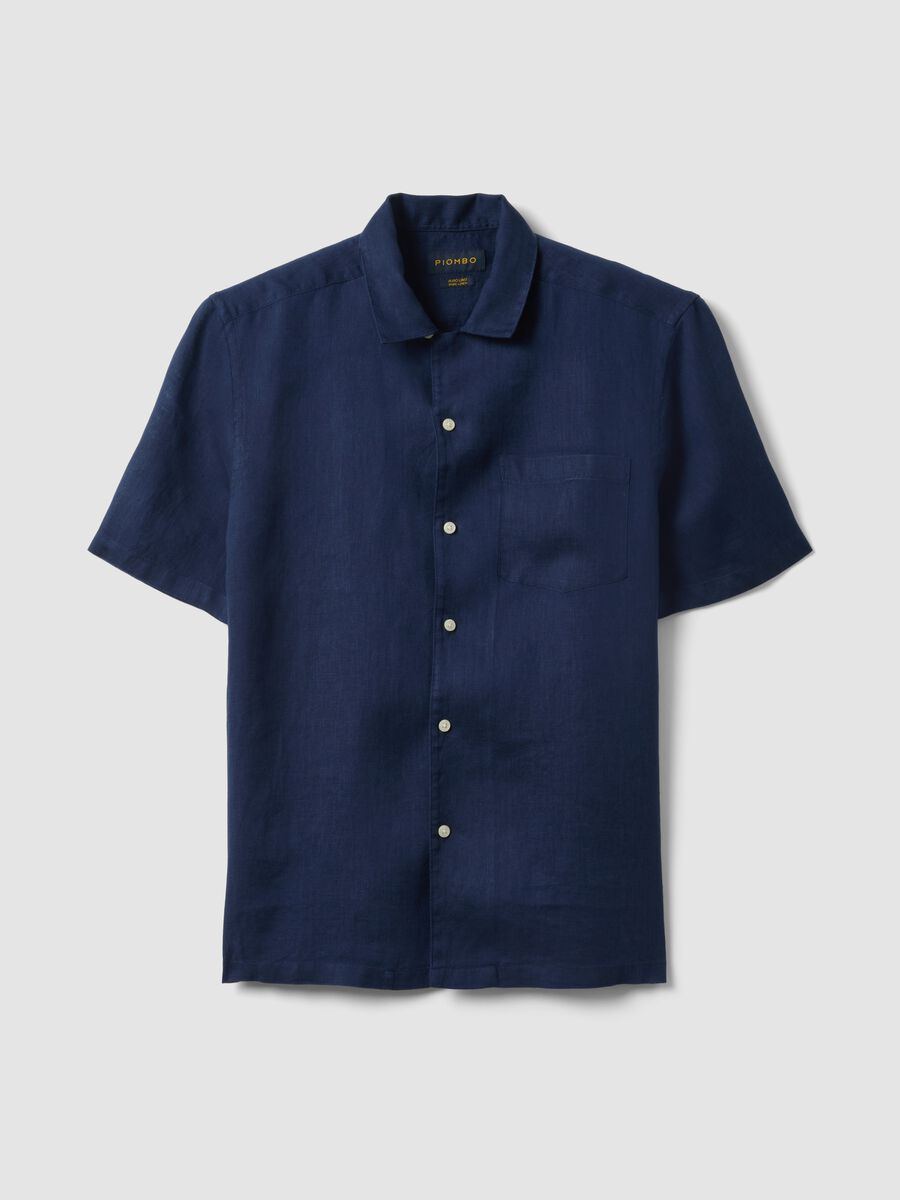 Blue pure linen short-sleeved bowling-collar shirt, regular fit_4