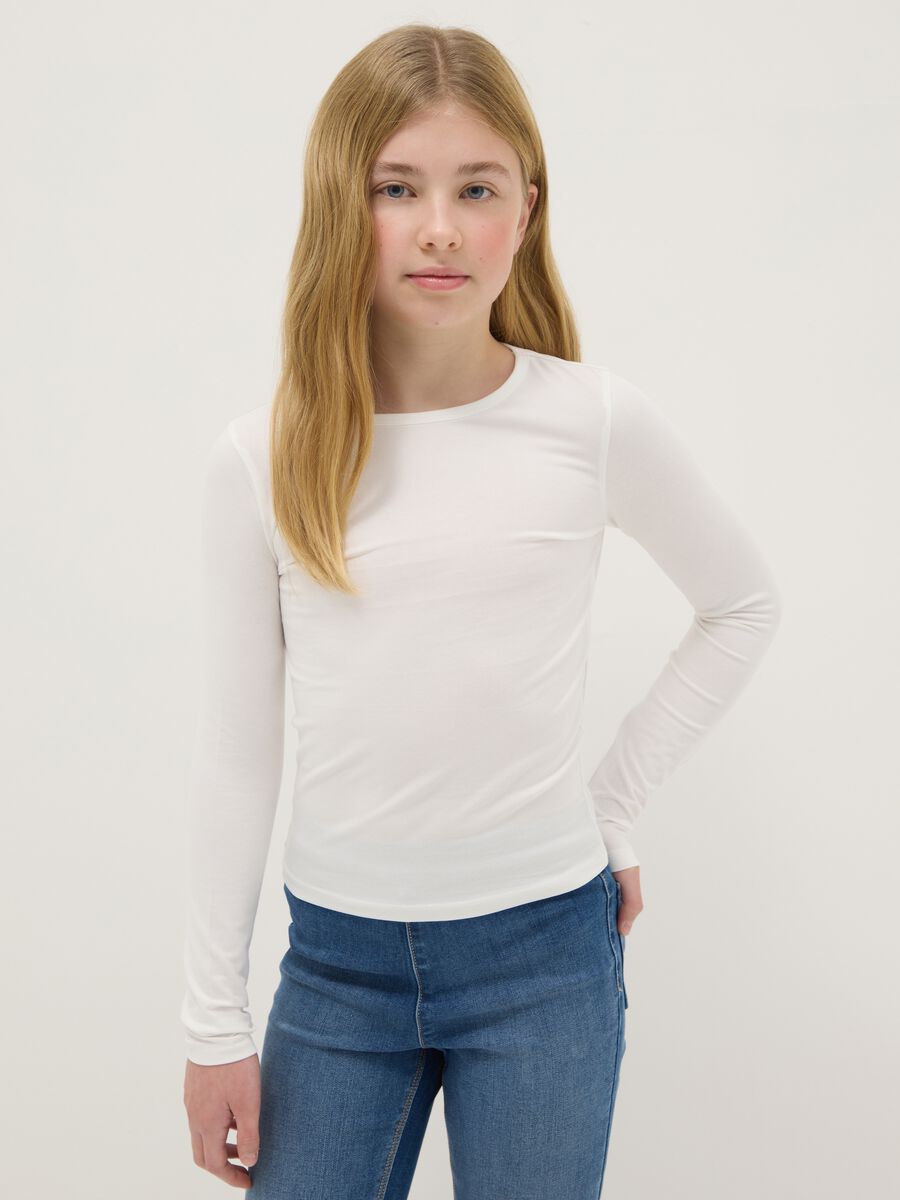 Girls' Slim Fit White Long Sleeve Cotton Blend Top_0