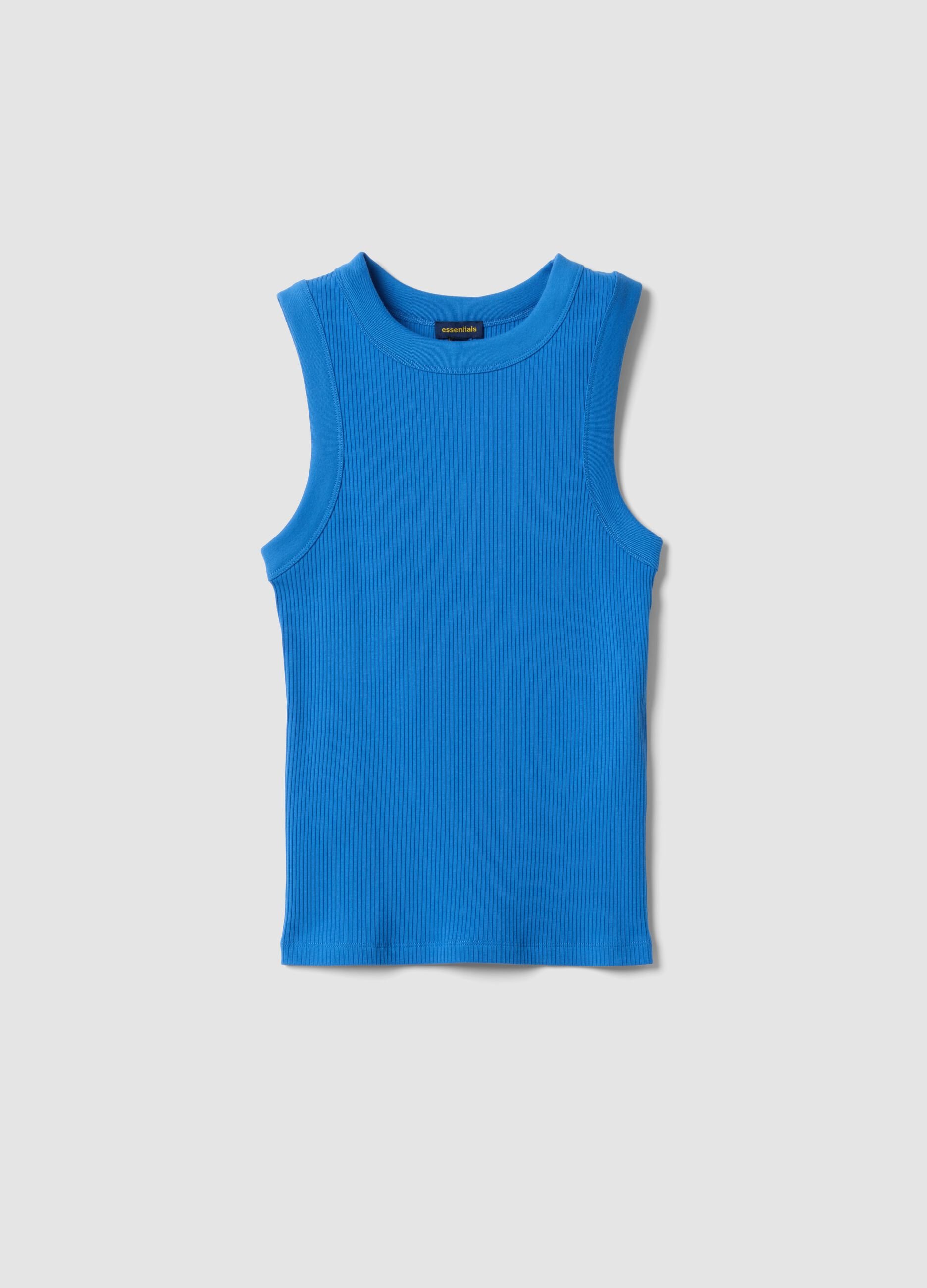 Tank top blu in cotone elasticizzato a costine fitted