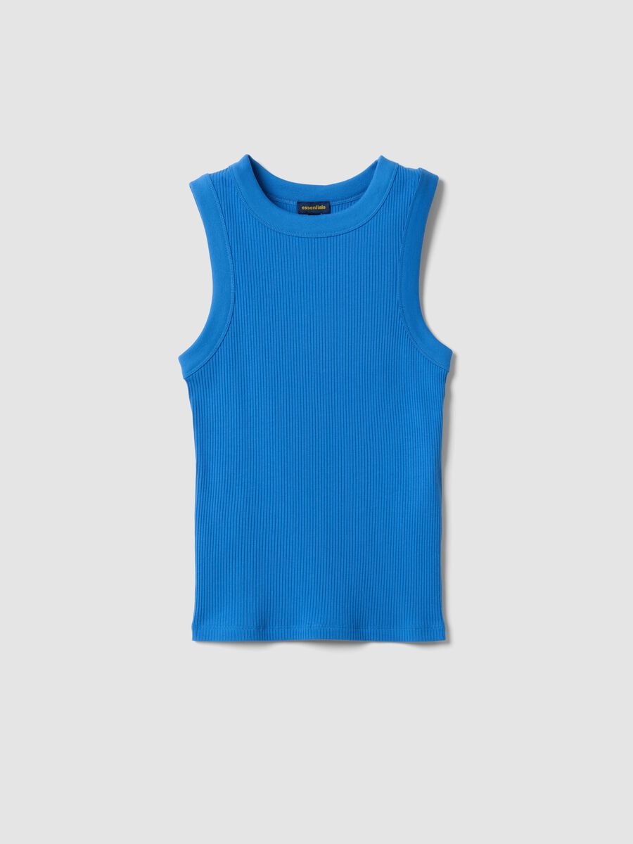 Tank top blu in cotone elasticizzato a costine fitted_0