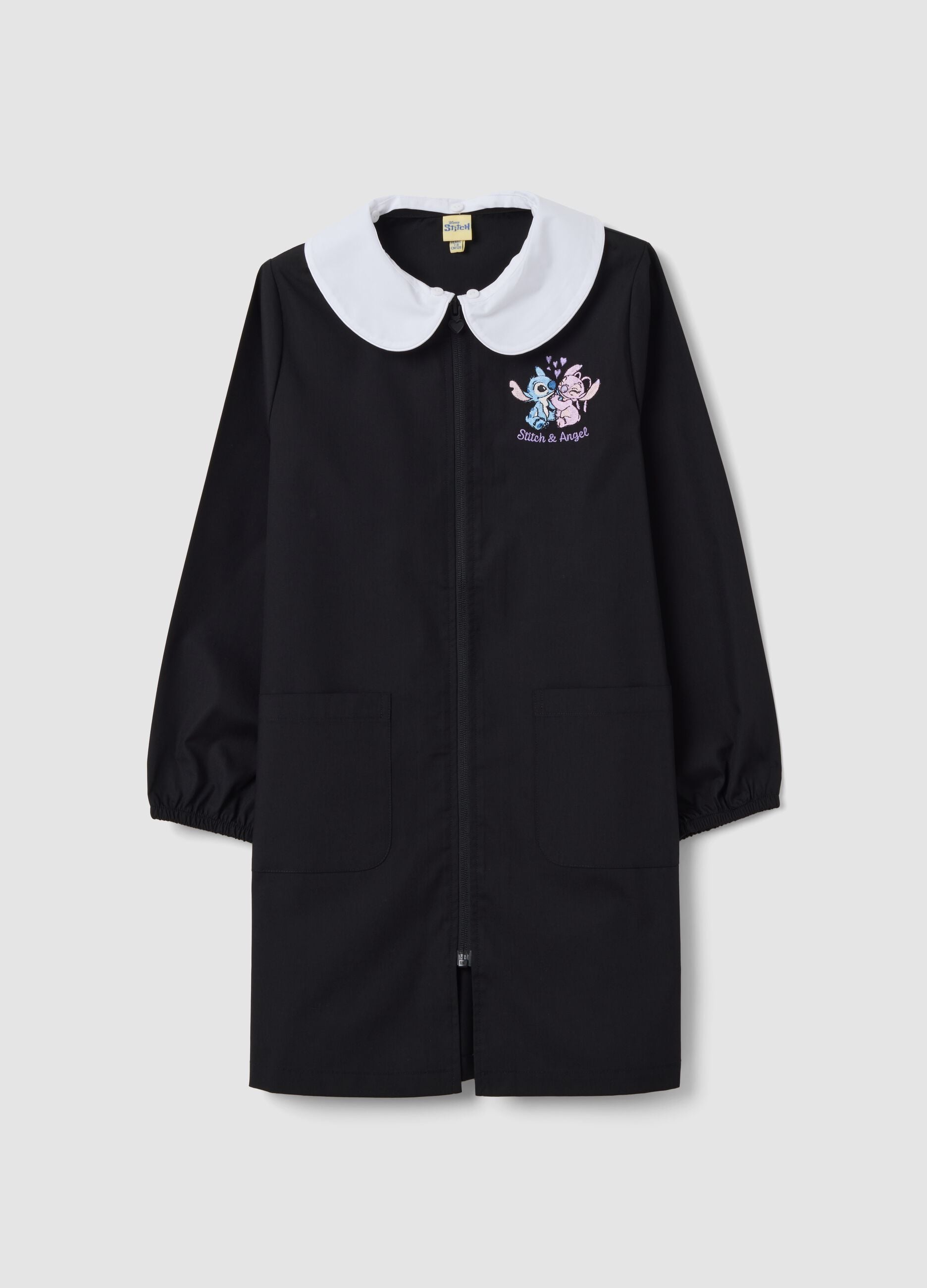 Black girls&rsquo; school apron with zip and white collar, Stitch embroidery