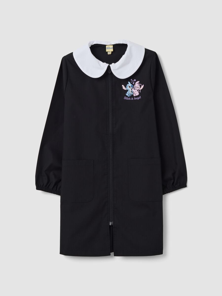 Black girls&rsquo; school apron with zip and white collar, Stitch embroidery_0
