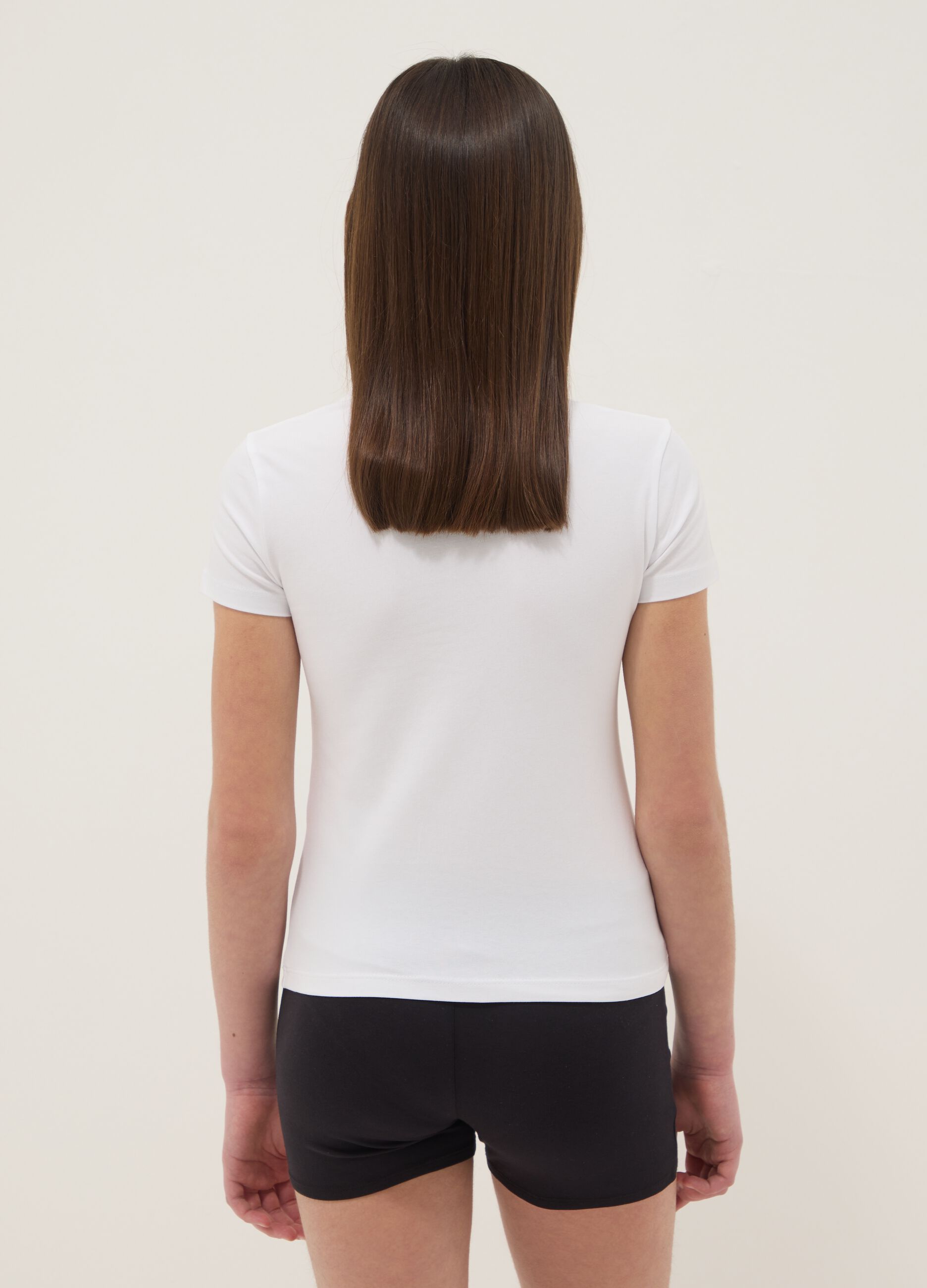 T-shirt branca de algod&atilde;o el&aacute;stico para rapariga, corte regular