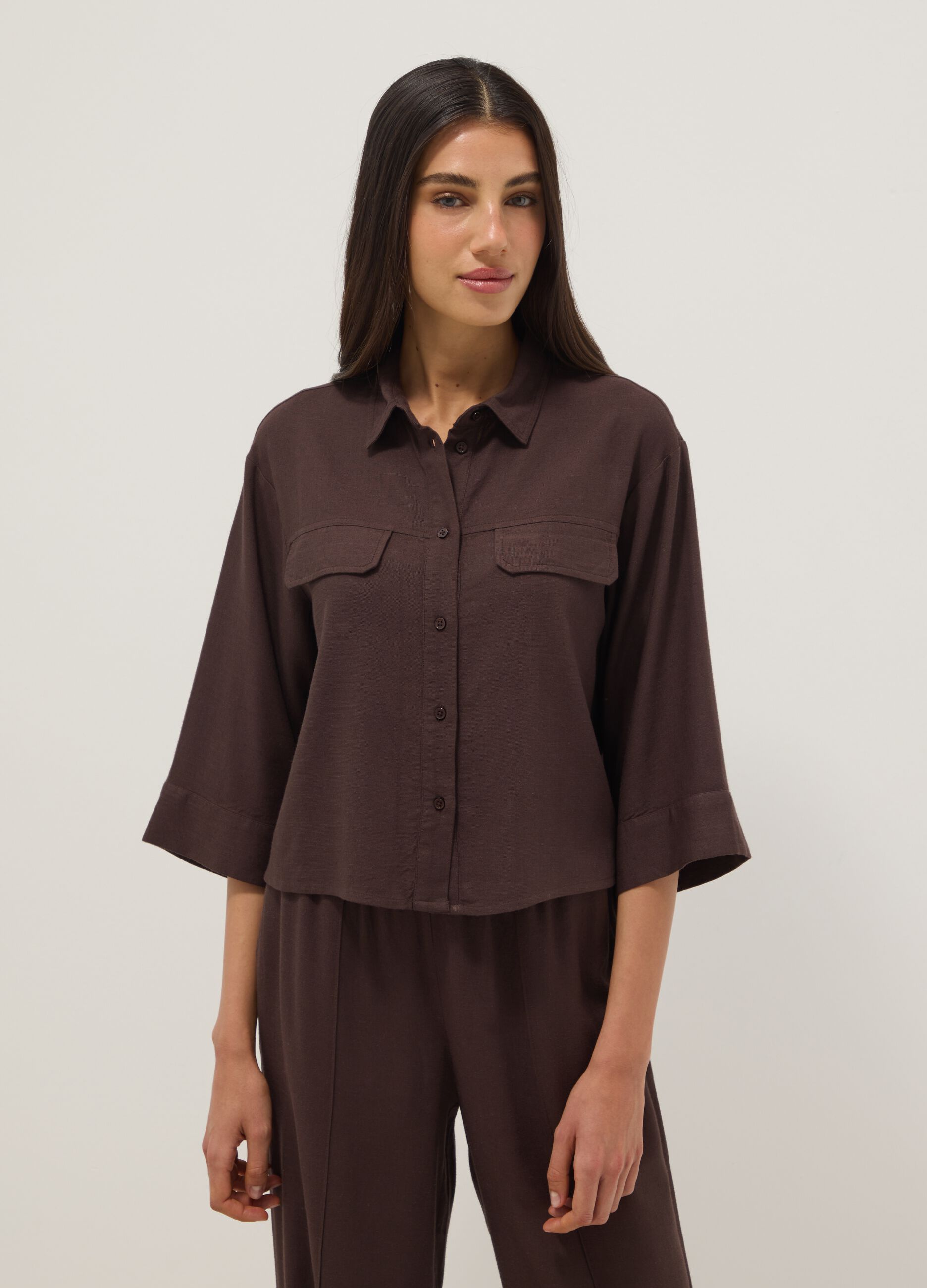 Brown viscose and linen blend shirt, regular fit