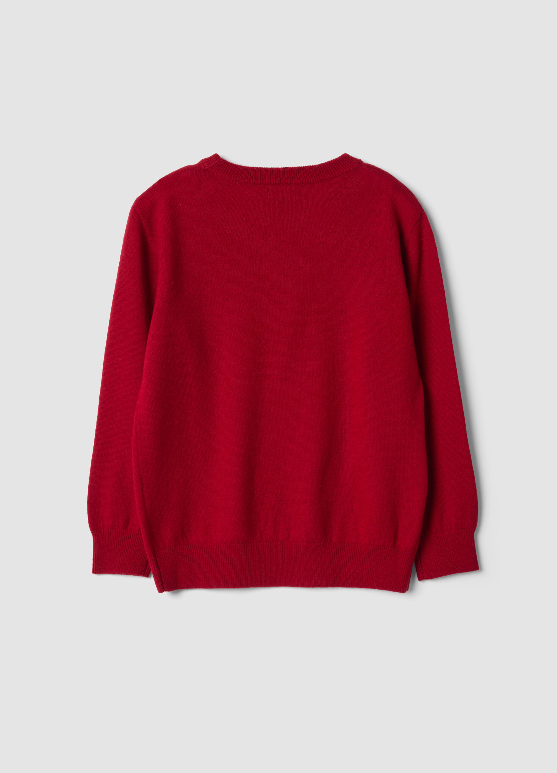 Pull rouge en pure laine &agrave; manches longues, coupe regular