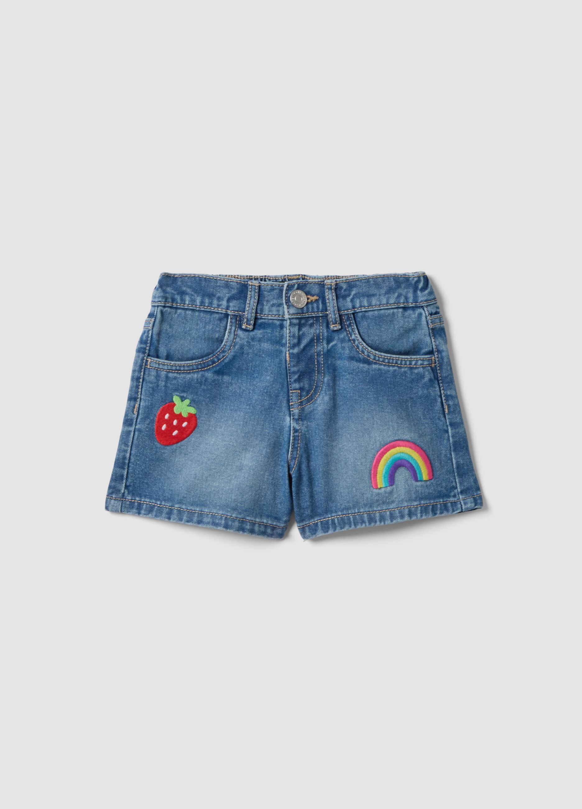 Blue pure cotton girls&rsquo; denim shorts, wide leg with embroidery
