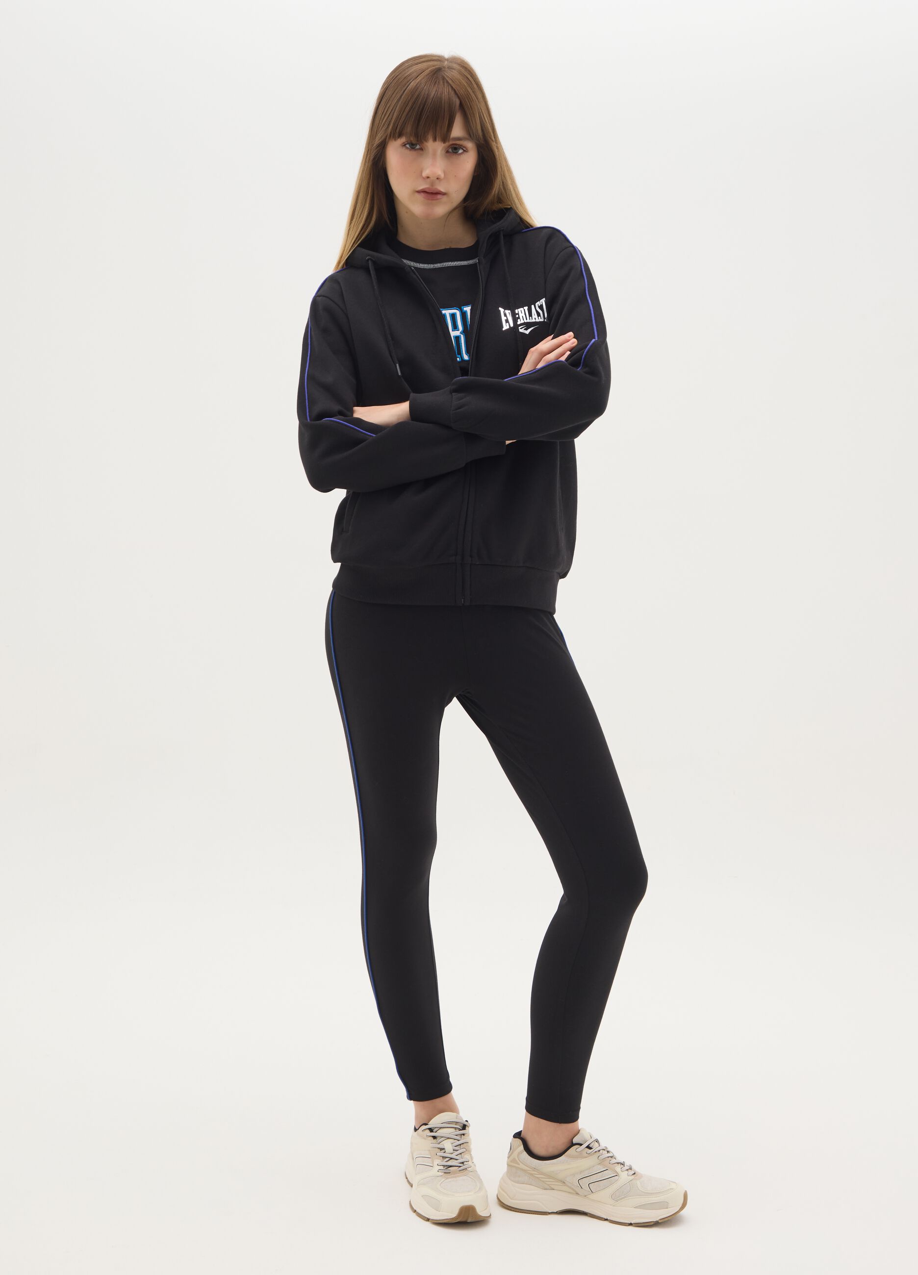 Black cotton-blend hoodie with zip, regular fit