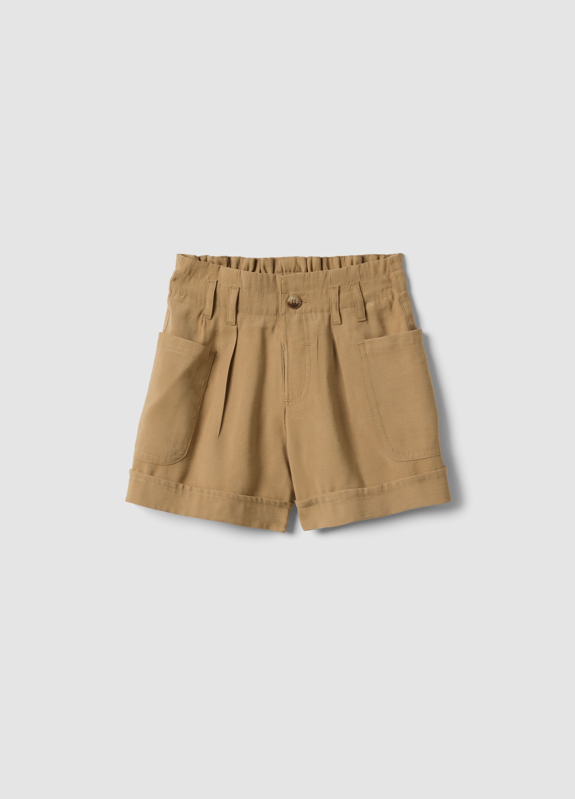 Beige Shorts aus Modal-Mix mit elastischem Paperbag-Bund