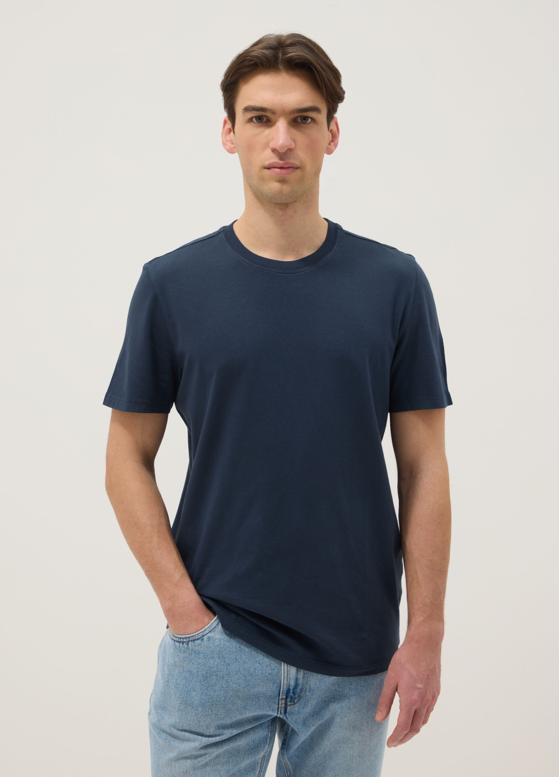 Blue regular fit crew-neck pure cotton T-shirt
