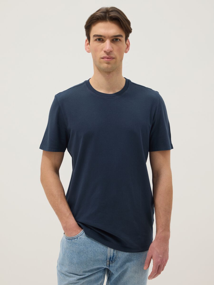 Blue regular fit crew-neck pure cotton T-shirt_0
