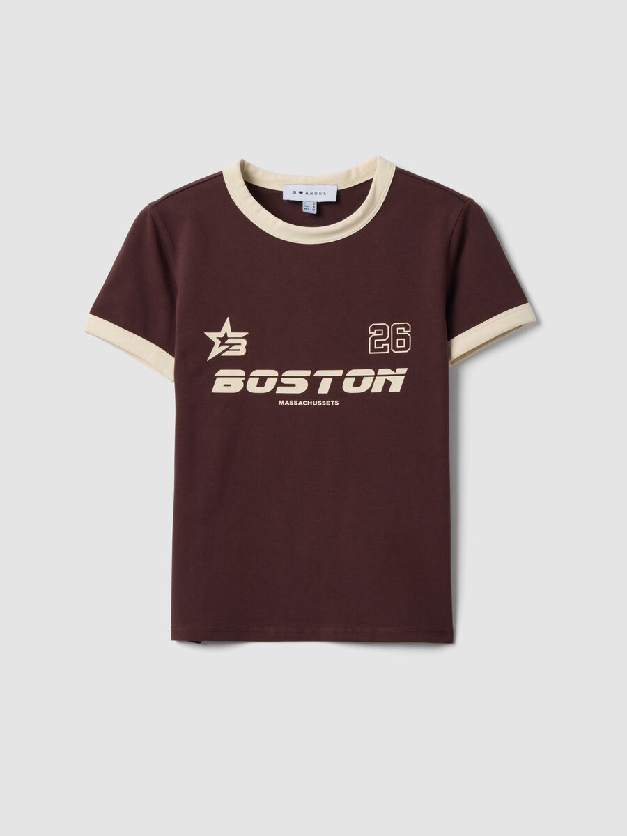 Braunes Baumwoll-T-Shirt mit Frontprint und kontrastierenden Abschl&uuml;ssen_0