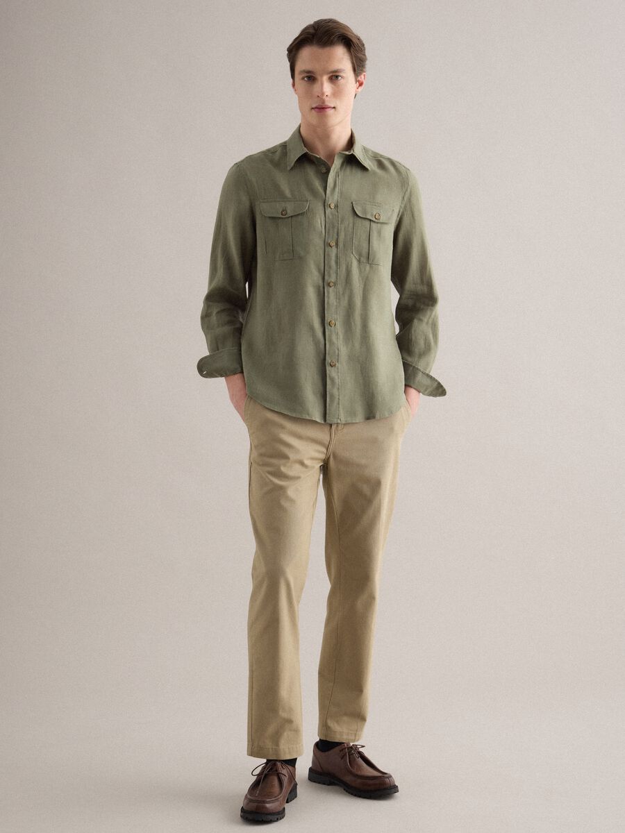 Regular fit pure linen green shirt with pockets_1