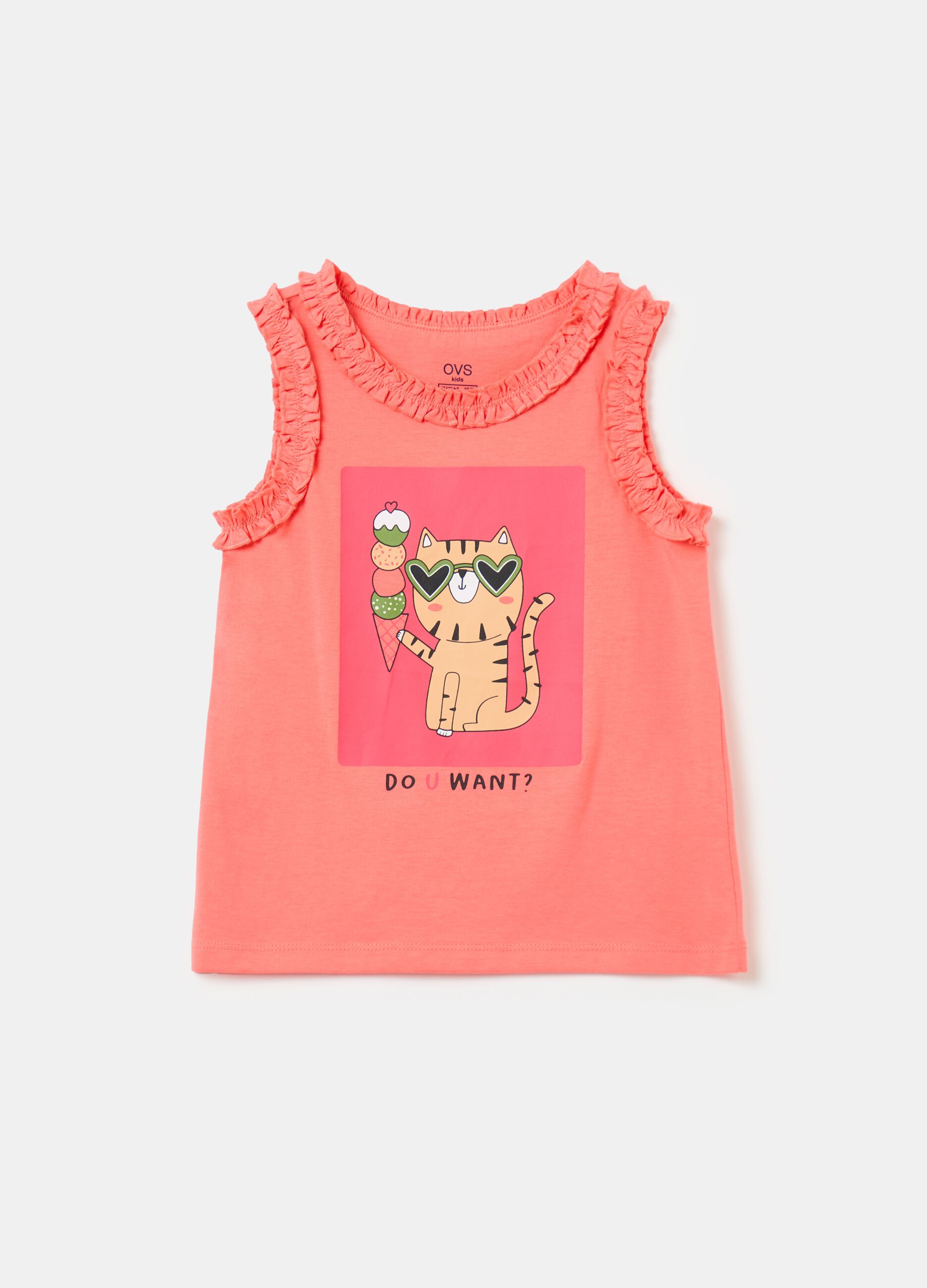 Cotton tank top with frills and print