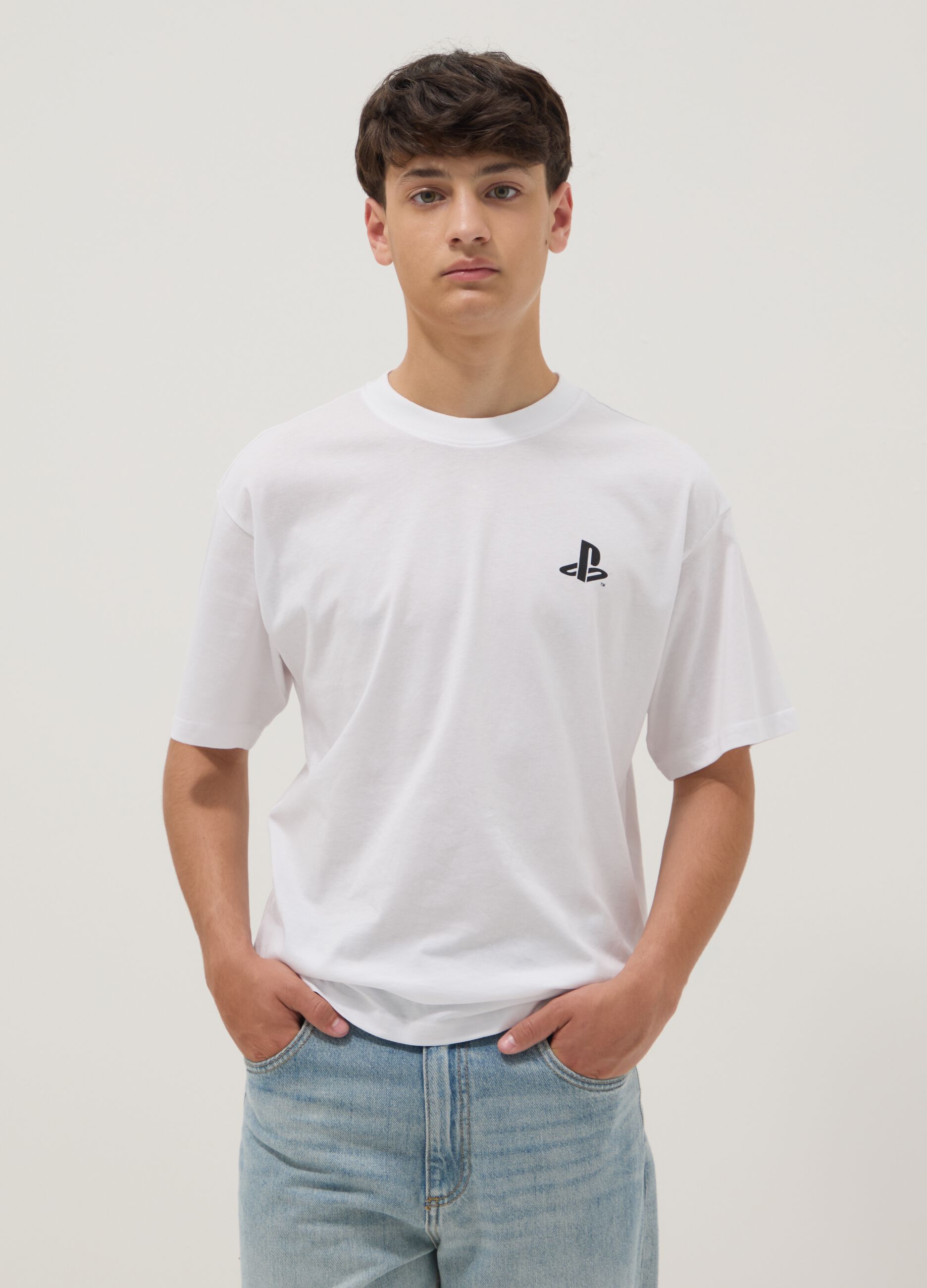 Wei&szlig;es Jungen-T-Shirt aus reiner Baumwolle mit PlayStation-Logo, Relaxed Fit