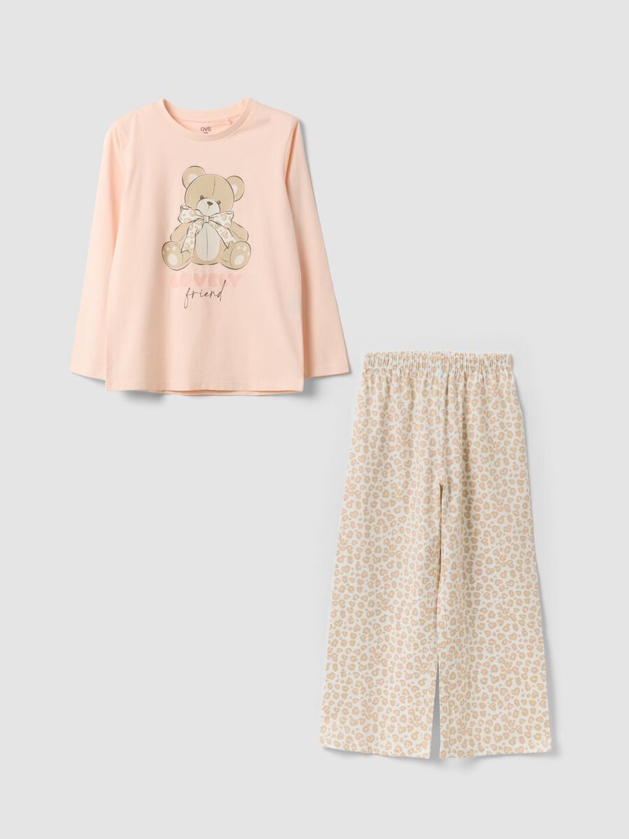 Pink organic cotton pyjamas with print and patterned trousers_0
