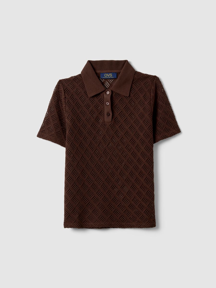 Brown regular fit short sleeve polo with mesh texture_4
