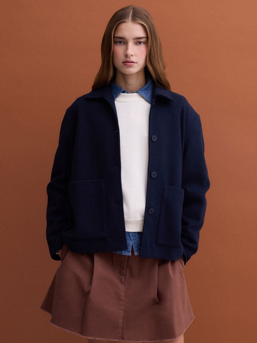 Navy blue viscose-blend jacket with crew neck, regular fit_0