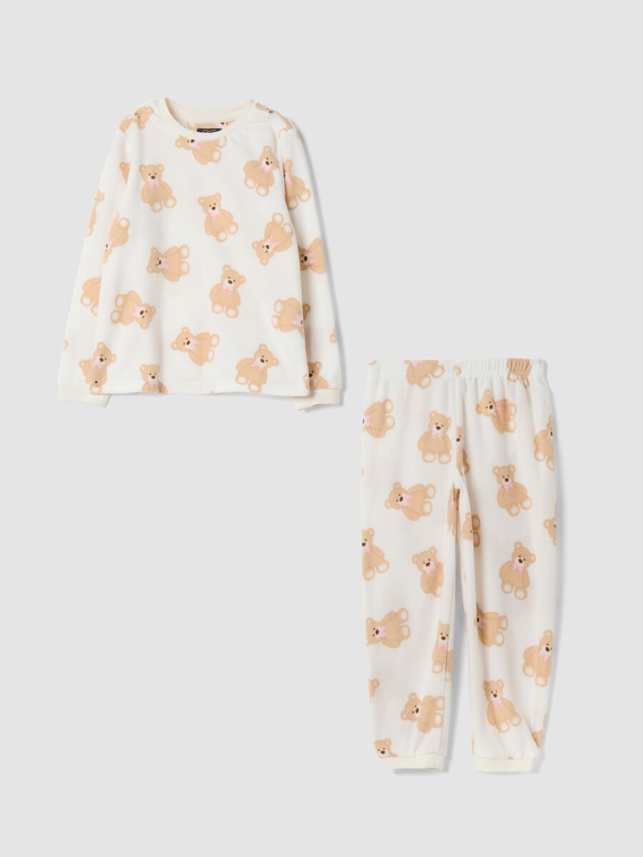 White crew-neck pyjamas with teddy bear print_0